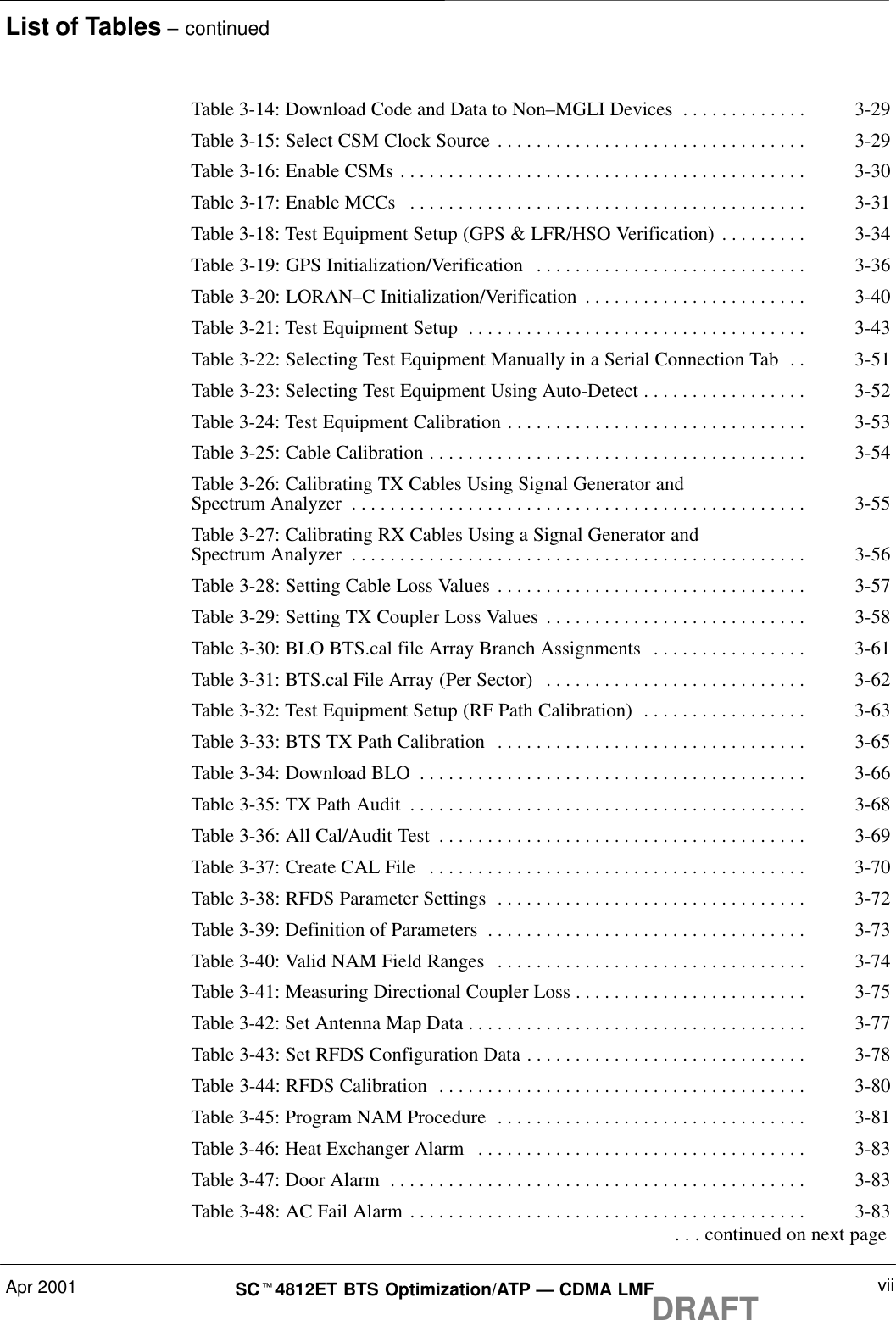 List of Tables – continuedApr 2001 viiSCt4812ET BTS Optimization/ATP — CDMA LMFDRAFTTable 3-14: Download Code and Data to Non–MGLI Devices 3-29. . . . . . . . . . . . . Table 3-15: Select CSM Clock Source 3-29. . . . . . . . . . . . . . . . . . . . . . . . . . . . . . . . Table 3-16: Enable CSMs 3-30. . . . . . . . . . . . . . . . . . . . . . . . . . . . . . . . . . . . . . . . . . Table 3-17: Enable MCCs 3-31. . . . . . . . . . . . . . . . . . . . . . . . . . . . . . . . . . . . . . . . . Table 3-18: Test Equipment Setup (GPS &amp; LFR/HSO Verification) 3-34. . . . . . . . . Table 3-19: GPS Initialization/Verification 3-36. . . . . . . . . . . . . . . . . . . . . . . . . . . . Table 3-20: LORAN–C Initialization/Verification 3-40. . . . . . . . . . . . . . . . . . . . . . . Table 3-21: Test Equipment Setup 3-43. . . . . . . . . . . . . . . . . . . . . . . . . . . . . . . . . . . Table 3-22: Selecting Test Equipment Manually in a Serial Connection Tab 3-51. . Table 3-23: Selecting Test Equipment Using Auto-Detect 3-52. . . . . . . . . . . . . . . . . Table 3-24: Test Equipment Calibration 3-53. . . . . . . . . . . . . . . . . . . . . . . . . . . . . . . Table 3-25: Cable Calibration 3-54. . . . . . . . . . . . . . . . . . . . . . . . . . . . . . . . . . . . . . . Table 3-26: Calibrating TX Cables Using Signal Generator andSpectrum Analyzer 3-55. . . . . . . . . . . . . . . . . . . . . . . . . . . . . . . . . . . . . . . . . . . . . . . Table 3-27: Calibrating RX Cables Using a Signal Generator andSpectrum Analyzer 3-56. . . . . . . . . . . . . . . . . . . . . . . . . . . . . . . . . . . . . . . . . . . . . . . Table 3-28: Setting Cable Loss Values 3-57. . . . . . . . . . . . . . . . . . . . . . . . . . . . . . . . Table 3-29: Setting TX Coupler Loss Values 3-58. . . . . . . . . . . . . . . . . . . . . . . . . . . Table 3-30: BLO BTS.cal file Array Branch Assignments 3-61. . . . . . . . . . . . . . . . Table 3-31: BTS.cal File Array (Per Sector) 3-62. . . . . . . . . . . . . . . . . . . . . . . . . . . Table 3-32: Test Equipment Setup (RF Path Calibration) 3-63. . . . . . . . . . . . . . . . . Table 3-33: BTS TX Path Calibration 3-65. . . . . . . . . . . . . . . . . . . . . . . . . . . . . . . . Table 3-34: Download BLO 3-66. . . . . . . . . . . . . . . . . . . . . . . . . . . . . . . . . . . . . . . . Table 3-35: TX Path Audit 3-68. . . . . . . . . . . . . . . . . . . . . . . . . . . . . . . . . . . . . . . . . Table 3-36: All Cal/Audit Test 3-69. . . . . . . . . . . . . . . . . . . . . . . . . . . . . . . . . . . . . . Table 3-37: Create CAL File 3-70. . . . . . . . . . . . . . . . . . . . . . . . . . . . . . . . . . . . . . . Table 3-38: RFDS Parameter Settings 3-72. . . . . . . . . . . . . . . . . . . . . . . . . . . . . . . . Table 3-39: Definition of Parameters 3-73. . . . . . . . . . . . . . . . . . . . . . . . . . . . . . . . . Table 3-40: Valid NAM Field Ranges 3-74. . . . . . . . . . . . . . . . . . . . . . . . . . . . . . . . Table 3-41: Measuring Directional Coupler Loss 3-75. . . . . . . . . . . . . . . . . . . . . . . . Table 3-42: Set Antenna Map Data 3-77. . . . . . . . . . . . . . . . . . . . . . . . . . . . . . . . . . . Table 3-43: Set RFDS Configuration Data 3-78. . . . . . . . . . . . . . . . . . . . . . . . . . . . . Table 3-44: RFDS Calibration 3-80. . . . . . . . . . . . . . . . . . . . . . . . . . . . . . . . . . . . . . Table 3-45: Program NAM Procedure 3-81. . . . . . . . . . . . . . . . . . . . . . . . . . . . . . . . Table 3-46: Heat Exchanger Alarm 3-83. . . . . . . . . . . . . . . . . . . . . . . . . . . . . . . . . . Table 3-47: Door Alarm 3-83. . . . . . . . . . . . . . . . . . . . . . . . . . . . . . . . . . . . . . . . . . . Table 3-48: AC Fail Alarm 3-83. . . . . . . . . . . . . . . . . . . . . . . . . . . . . . . . . . . . . . . . .  . . . continued on next page