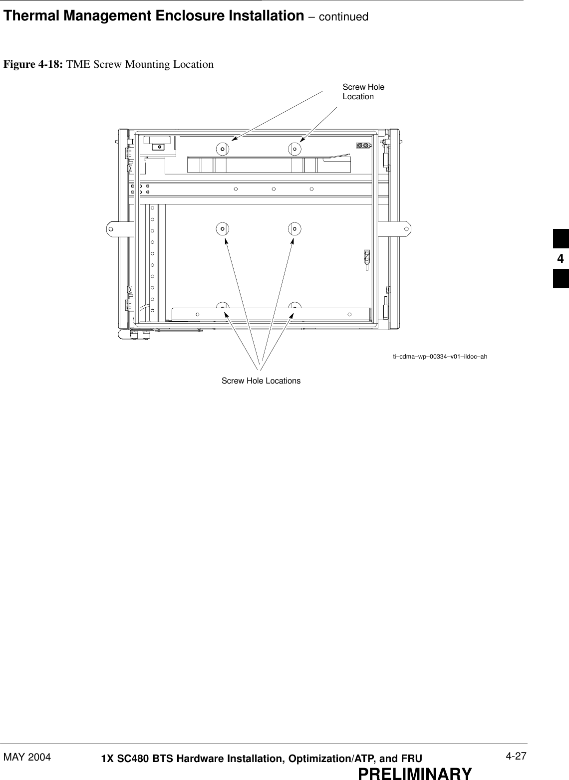 Thermal Management Enclosure Installation – continuedMAY 2004 4-271X SC480 BTS Hardware Installation, Optimization/ATP, and FRUPRELIMINARYFigure 4-18: TME Screw Mounting LocationScrew HoleLocationScrew Hole Locationsti–cdma–wp–00334–v01–ildoc–ah4