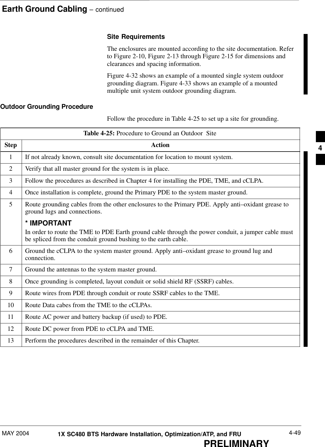 Earth Ground Cabling – continuedMAY 2004 4-491X SC480 BTS Hardware Installation, Optimization/ATP, and FRUPRELIMINARYSite RequirementsThe enclosures are mounted according to the site documentation. Referto Figure 2-10, Figure 2-13 through Figure 2-15 for dimensions andclearances and spacing information.Figure 4-32 shows an example of a mounted single system outdoorgrounding diagram. Figure 4-33 shows an example of a mountedmultiple unit system outdoor grounding diagram.Outdoor Grounding ProcedureFollow the procedure in Table 4-25 to set up a site for grounding.Table 4-25: Procedure to Ground an Outdoor  SiteStep Action1If not already known, consult site documentation for location to mount system.2Verify that all master ground for the system is in place.3Follow the procedures as described in Chapter 4 for installing the PDE, TME, and cCLPA.4Once installation is complete, ground the Primary PDE to the system master ground.5Route grounding cables from the other enclosures to the Primary PDE. Apply anti–oxidant grease toground lugs and connections.* IMPORTANTIn order to route the TME to PDE Earth ground cable through the power conduit, a jumper cable mustbe spliced from the conduit ground bushing to the earth cable.6Ground the cCLPA to the system master ground. Apply anti–oxidant grease to ground lug andconnection.7Ground the antennas to the system master ground.8Once grounding is completed, layout conduit or solid shield RF (SSRF) cables.9Route wires from PDE through conduit or route SSRF cables to the TME.10 Route Data cabes from the TME to the cCLPAs.11 Route AC power and battery backup (if used) to PDE.12 Route DC power from PDE to cCLPA and TME.13 Perform the procedures described in the remainder of this Chapter.  4