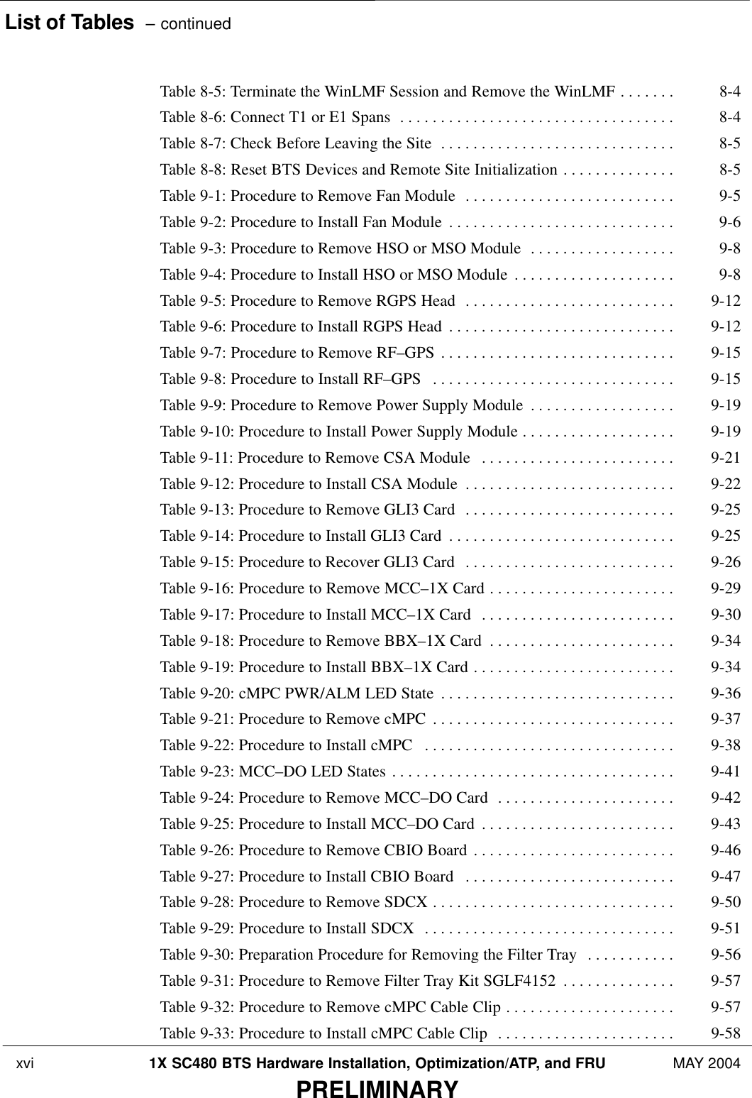 List of Tables  – continued xvi 1X SC480 BTS Hardware Installation, Optimization/ATP, and FRU MAY 2004PRELIMINARYTable 8-5: Terminate the WinLMF Session and Remove the WinLMF 8-4 . . . . . . . Table 8-6: Connect T1 or E1 Spans 8-4 . . . . . . . . . . . . . . . . . . . . . . . . . . . . . . . . . . Table 8-7: Check Before Leaving the Site 8-5 . . . . . . . . . . . . . . . . . . . . . . . . . . . . . Table 8-8: Reset BTS Devices and Remote Site Initialization 8-5 . . . . . . . . . . . . . . Table 9-1: Procedure to Remove Fan Module 9-5 . . . . . . . . . . . . . . . . . . . . . . . . . . Table 9-2: Procedure to Install Fan Module 9-6 . . . . . . . . . . . . . . . . . . . . . . . . . . . . Table 9-3: Procedure to Remove HSO or MSO Module 9-8 . . . . . . . . . . . . . . . . . . Table 9-4: Procedure to Install HSO or MSO Module 9-8 . . . . . . . . . . . . . . . . . . . . Table 9-5: Procedure to Remove RGPS Head 9-12 . . . . . . . . . . . . . . . . . . . . . . . . . . Table 9-6: Procedure to Install RGPS Head 9-12 . . . . . . . . . . . . . . . . . . . . . . . . . . . . Table 9-7: Procedure to Remove RF–GPS 9-15 . . . . . . . . . . . . . . . . . . . . . . . . . . . . . Table 9-8: Procedure to Install RF–GPS 9-15 . . . . . . . . . . . . . . . . . . . . . . . . . . . . . . Table 9-9: Procedure to Remove Power Supply Module 9-19 . . . . . . . . . . . . . . . . . . Table 9-10: Procedure to Install Power Supply Module 9-19 . . . . . . . . . . . . . . . . . . . Table 9-11: Procedure to Remove CSA Module 9-21 . . . . . . . . . . . . . . . . . . . . . . . . Table 9-12: Procedure to Install CSA Module 9-22 . . . . . . . . . . . . . . . . . . . . . . . . . . Table 9-13: Procedure to Remove GLI3 Card 9-25 . . . . . . . . . . . . . . . . . . . . . . . . . . Table 9-14: Procedure to Install GLI3 Card 9-25 . . . . . . . . . . . . . . . . . . . . . . . . . . . . Table 9-15: Procedure to Recover GLI3 Card 9-26 . . . . . . . . . . . . . . . . . . . . . . . . . . Table 9-16: Procedure to Remove MCC–1X Card 9-29 . . . . . . . . . . . . . . . . . . . . . . . Table 9-17: Procedure to Install MCC–1X Card 9-30 . . . . . . . . . . . . . . . . . . . . . . . . Table 9-18: Procedure to Remove BBX–1X Card 9-34 . . . . . . . . . . . . . . . . . . . . . . . Table 9-19: Procedure to Install BBX–1X Card 9-34 . . . . . . . . . . . . . . . . . . . . . . . . . Table 9-20: cMPC PWR/ALM LED State 9-36 . . . . . . . . . . . . . . . . . . . . . . . . . . . . . Table 9-21: Procedure to Remove cMPC 9-37 . . . . . . . . . . . . . . . . . . . . . . . . . . . . . . Table 9-22: Procedure to Install cMPC 9-38 . . . . . . . . . . . . . . . . . . . . . . . . . . . . . . . Table 9-23: MCC–DO LED States 9-41 . . . . . . . . . . . . . . . . . . . . . . . . . . . . . . . . . . . Table 9-24: Procedure to Remove MCC–DO Card 9-42 . . . . . . . . . . . . . . . . . . . . . . Table 9-25: Procedure to Install MCC–DO Card 9-43 . . . . . . . . . . . . . . . . . . . . . . . . Table 9-26: Procedure to Remove CBIO Board 9-46 . . . . . . . . . . . . . . . . . . . . . . . . . Table 9-27: Procedure to Install CBIO Board 9-47 . . . . . . . . . . . . . . . . . . . . . . . . . . Table 9-28: Procedure to Remove SDCX 9-50 . . . . . . . . . . . . . . . . . . . . . . . . . . . . . . Table 9-29: Procedure to Install SDCX 9-51 . . . . . . . . . . . . . . . . . . . . . . . . . . . . . . . Table 9-30: Preparation Procedure for Removing the Filter Tray 9-56 . . . . . . . . . . . Table 9-31: Procedure to Remove Filter Tray Kit SGLF4152 9-57 . . . . . . . . . . . . . . Table 9-32: Procedure to Remove cMPC Cable Clip 9-57 . . . . . . . . . . . . . . . . . . . . . Table 9-33: Procedure to Install cMPC Cable Clip 9-58 . . . . . . . . . . . . . . . . . . . . . . 