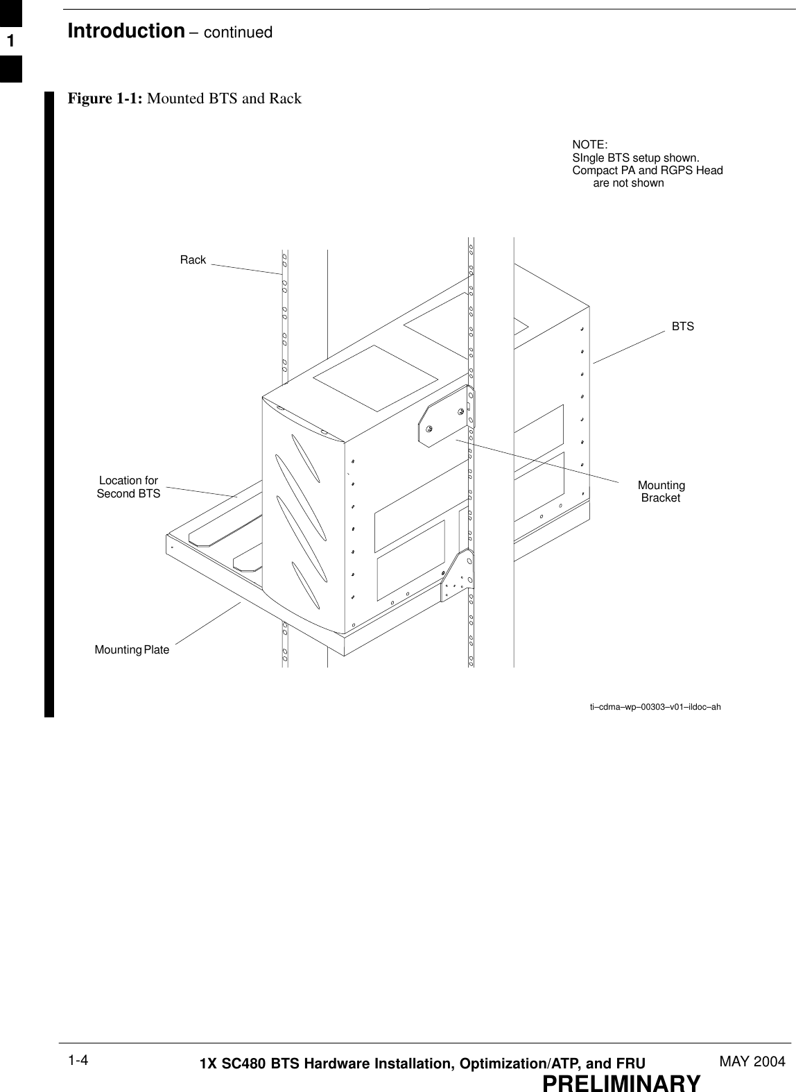 Introduction – continuedPRELIMINARY1X SC480 BTS Hardware Installation, Optimization/ATP, and FRU MAY 20041-4ti–cdma–wp–00303–v01–ildoc–ahBTSRackMounting PlateMountingBracketLocation forSecond BTSNOTE:SIngle BTS setup shown.Compact PA and RGPS Headare not shownFigure 1-1: Mounted BTS and Rack1