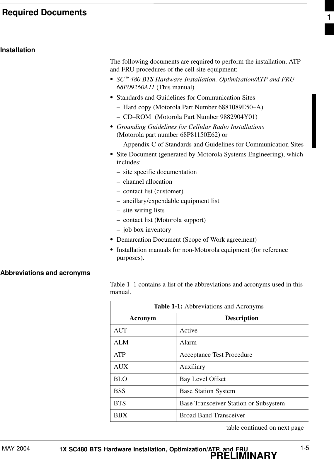 Required DocumentsMAY 2004 1-51X SC480 BTS Hardware Installation, Optimization/ATP, and FRUPRELIMINARYInstallationThe following documents are required to perform the installation, ATPand FRU procedures of the cell site equipment:SSCt480 BTS Hardware Installation, Optimization/ATP and FRU –68P09260A11 (This manual)SStandards and Guidelines for Communication Sites– Hard copy (Motorola Part Number 6881089E50–A)– CD–ROM  (Motorola Part Number 9882904Y01)SGrounding Guidelines for Cellular Radio Installations(Motorola part number 68P81150E62) or– Appendix C of Standards and Guidelines for Communication SitesSSite Document (generated by Motorola Systems Engineering), whichincludes:– site specific documentation– channel allocation– contact list (customer)– ancillary/expendable equipment list– site wiring lists– contact list (Motorola support)– job box inventorySDemarcation Document (Scope of Work agreement)SInstallation manuals for non-Motorola equipment (for referencepurposes).Abbreviations and acronymsTable 1–1 contains a list of the abbreviations and acronyms used in thismanual.Table 1-1: Abbreviations and AcronymsAcronym DescriptionACT ActiveALM AlarmATP Acceptance Test ProcedureAUX AuxiliaryBLO Bay Level OffsetBSS Base Station SystemBTS Base Transceiver Station or SubsystemBBX Broad Band Transceivertable continued on next page1
