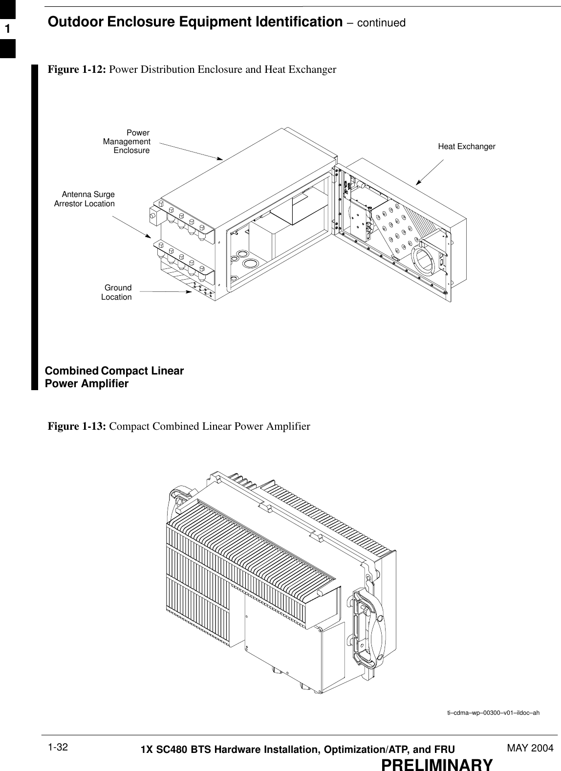 Outdoor Enclosure Equipment Identification – continuedPRELIMINARY1X SC480 BTS Hardware Installation, Optimization/ATP, and FRU MAY 20041-32Figure 1-12: Power Distribution Enclosure and Heat ExchangerHeat ExchangerPowerManagementEnclosureAntenna SurgeArrestor LocationGroundLocationCombined Compact LinearPower AmplifierFigure 1-13: Compact Combined Linear Power Amplifierti–cdma–wp–00300–v01–ildoc–ah1