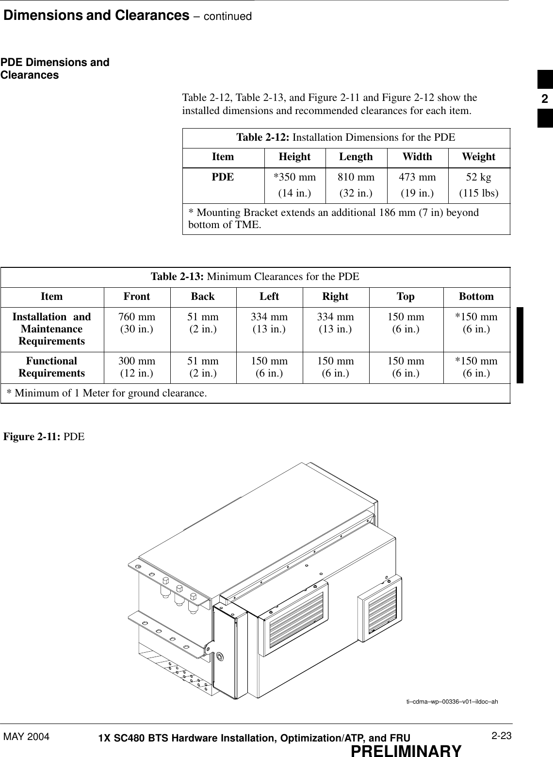 Dimensions and Clearances – continuedMAY 2004 2-231X SC480 BTS Hardware Installation, Optimization/ATP, and FRUPRELIMINARYPDE Dimensions andClearancesTable 2-12, Table 2-13, and Figure 2-11 and Figure 2-12 show theinstalled dimensions and recommended clearances for each item.Table 2-12: Installation Dimensions for the PDEItem Height Length Width WeightPDE *350 mm(14 in.)810 mm(32 in.)473 mm(19 in.)52 kg(115 lbs)* Mounting Bracket extends an additional 186 mm (7 in) beyondbottom of TME.Table 2-13: Minimum Clearances for the PDEItem Front Back Left Right Top BottomInstallation  andMaintenanceRequirements760 mm(30 in.) 51 mm(2 in.) 334 mm(13 in.) 334 mm(13 in.) 150 mm(6 in.) *150 mm(6 in.)FunctionalRequirements 300 mm(12 in.) 51 mm(2 in.) 150 mm(6 in.) 150 mm(6 in.) 150 mm(6 in.) *150 mm(6 in.)* Minimum of 1 Meter for ground clearance.Figure 2-11: PDEti–cdma–wp–00336–v01–ildoc–ah2