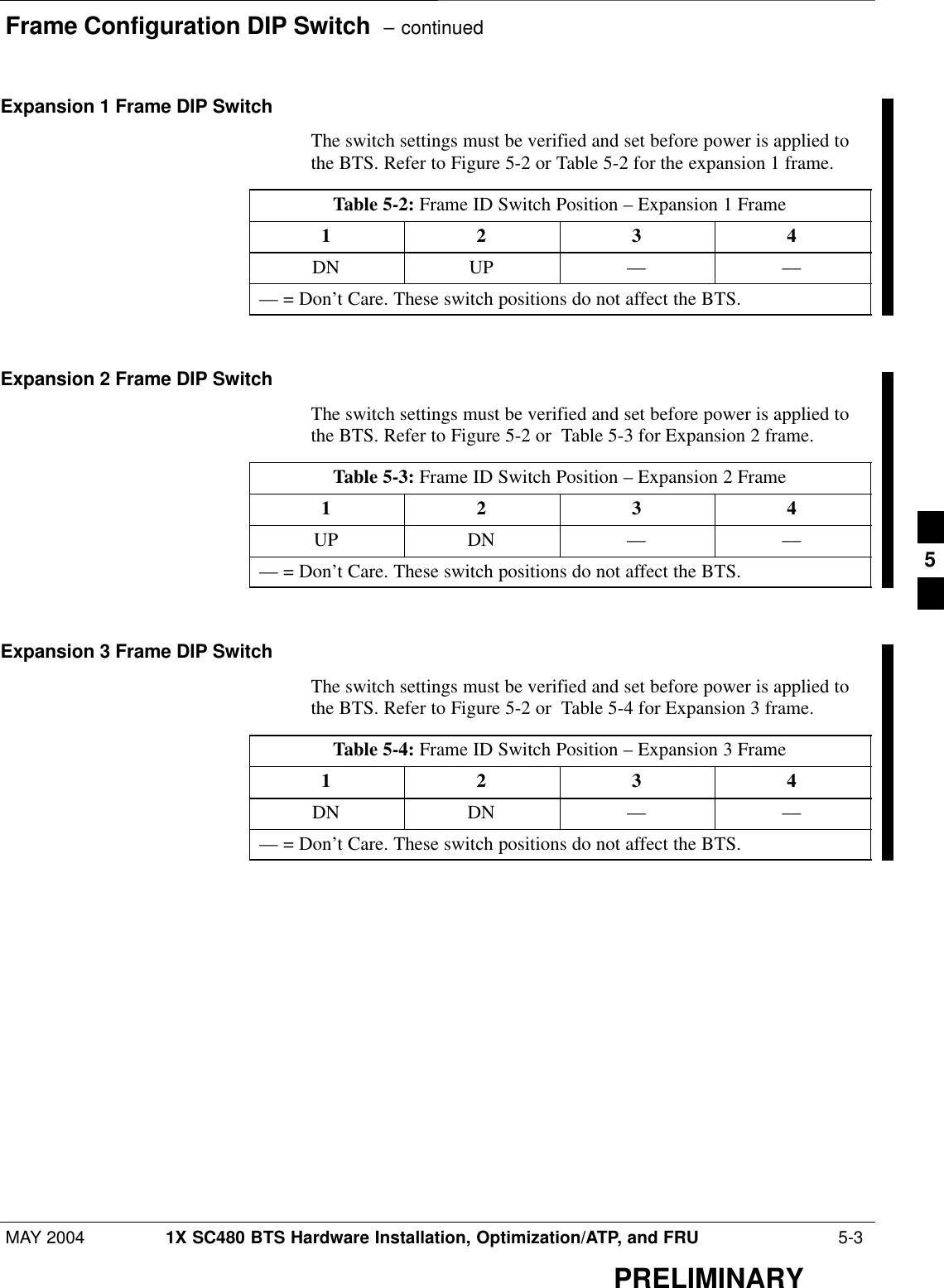 Frame Configuration DIP Switch  – continuedMAY 2004 1X SC480 BTS Hardware Installation, Optimization/ATP, and FRU  5-3PRELIMINARYExpansion 1 Frame DIP SwitchThe switch settings must be verified and set before power is applied tothe BTS. Refer to Figure 5-2 or Table 5-2 for the expansion 1 frame.Table 5-2: Frame ID Switch Position – Expansion 1 Frame1 2 3 4DN UP –– –––– = Don’t Care. These switch positions do not affect the BTS. Expansion 2 Frame DIP SwitchThe switch settings must be verified and set before power is applied tothe BTS. Refer to Figure 5-2 or  Table 5-3 for Expansion 2 frame.Table 5-3: Frame ID Switch Position – Expansion 2 Frame1 2 3 4UP DN –– –––– = Don’t Care. These switch positions do not affect the BTS. Expansion 3 Frame DIP SwitchThe switch settings must be verified and set before power is applied tothe BTS. Refer to Figure 5-2 or  Table 5-4 for Expansion 3 frame.Table 5-4: Frame ID Switch Position – Expansion 3 Frame1 2 3 4DN DN –– –––– = Don’t Care. These switch positions do not affect the BTS. 5