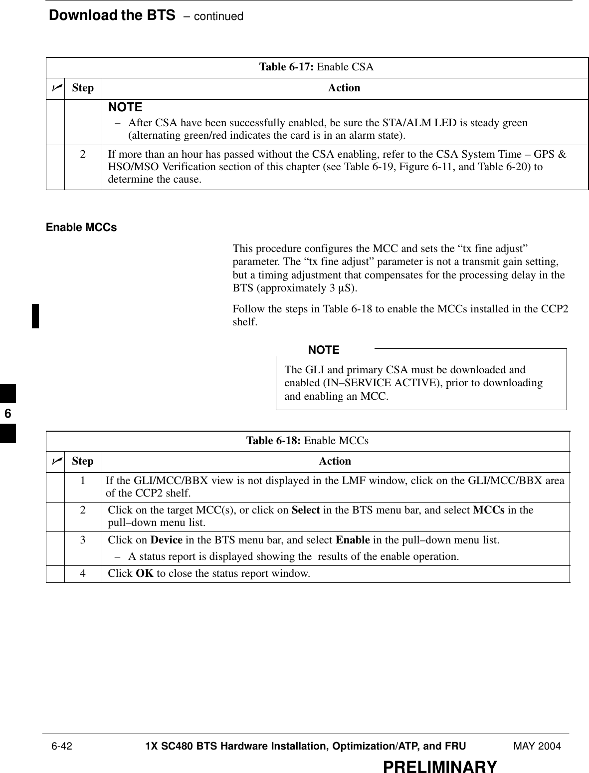 Download the BTS  – continued 6-42 1X SC480 BTS Hardware Installation, Optimization/ATP, and FRU MAY 2004PRELIMINARYTable 6-17: Enable CSAnActionStepNOTE– After CSA have been successfully enabled, be sure the STA/ALM LED is steady green(alternating green/red indicates the card is in an alarm state).2If more than an hour has passed without the CSA enabling, refer to the CSA System Time – GPS &amp;HSO/MSO Verification section of this chapter (see Table 6-19, Figure 6-11, and Table 6-20) todetermine the cause. Enable MCCsThis procedure configures the MCC and sets the “tx fine adjust”parameter. The “tx fine adjust” parameter is not a transmit gain setting,but a timing adjustment that compensates for the processing delay in theBTS (approximately 3 mS).Follow the steps in Table 6-18 to enable the MCCs installed in the CCP2shelf.The GLI and primary CSA must be downloaded andenabled (IN–SERVICE ACTIVE), prior to downloadingand enabling an MCC.NOTETable 6-18: Enable MCCsnStep Action1If the GLI/MCC/BBX view is not displayed in the LMF window, click on the GLI/MCC/BBX areaof the CCP2 shelf.2Click on the target MCC(s), or click on Select in the BTS menu bar, and select MCCs in thepull–down menu list.3Click on Device in the BTS menu bar, and select Enable in the pull–down menu list.– A status report is displayed showing the  results of the enable operation.4 Click OK to close the status report window. 6