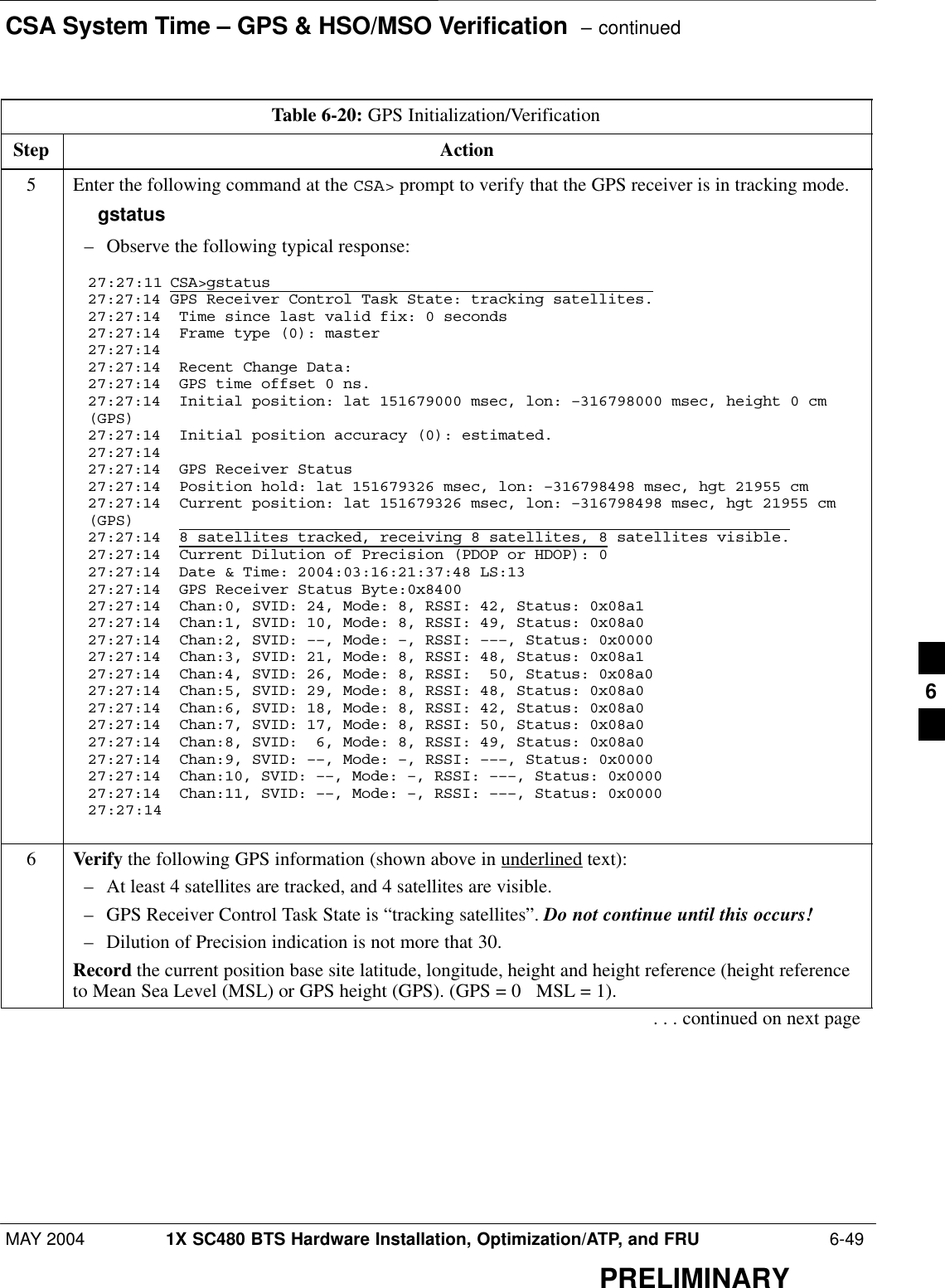 CSA System Time – GPS &amp; HSO/MSO Verification  – continuedMAY 2004 1X SC480 BTS Hardware Installation, Optimization/ATP, and FRU  6-49PRELIMINARYTable 6-20: GPS Initialization/VerificationStep Action5Enter the following command at the CSA&gt; prompt to verify that the GPS receiver is in tracking mode.gstatus– Observe the following typical response:27:27:11 CSA&gt;gstatus27:27:14 GPS Receiver Control Task State: tracking satellites.27:27:14  Time since last valid fix: 0 seconds27:27:14  Frame type (0): master27:27:14  27:27:14  Recent Change Data:27:27:14  GPS time offset 0 ns.27:27:14  Initial position: lat 151679000 msec, lon: –316798000 msec, height 0 cm(GPS)27:27:14  Initial position accuracy (0): estimated.27:27:14  27:27:14  GPS Receiver Status27:27:14  Position hold: lat 151679326 msec, lon: –316798498 msec, hgt 21955 cm27:27:14  Current position: lat 151679326 msec, lon: –316798498 msec, hgt 21955 cm(GPS)27:27:14  8 satellites tracked, receiving 8 satellites, 8 satellites visible.27:27:14  Current Dilution of Precision (PDOP or HDOP): 027:27:14  Date &amp; Time: 2004:03:16:21:37:48 LS:1327:27:14  GPS Receiver Status Byte:0x840027:27:14  Chan:0, SVID: 24, Mode: 8, RSSI: 42, Status: 0x08a127:27:14  Chan:1, SVID: 10, Mode: 8, RSSI: 49, Status: 0x08a027:27:14  Chan:2, SVID: ––, Mode: –, RSSI: –––, Status: 0x000027:27:14  Chan:3, SVID: 21, Mode: 8, RSSI: 48, Status: 0x08a127:27:14  Chan:4, SVID: 26, Mode: 8, RSSI:  50, Status: 0x08a027:27:14  Chan:5, SVID: 29, Mode: 8, RSSI: 48, Status: 0x08a027:27:14  Chan:6, SVID: 18, Mode: 8, RSSI: 42, Status: 0x08a027:27:14  Chan:7, SVID: 17, Mode: 8, RSSI: 50, Status: 0x08a027:27:14  Chan:8, SVID:  6, Mode: 8, RSSI: 49, Status: 0x08a027:27:14  Chan:9, SVID: ––, Mode: –, RSSI: –––, Status: 0x000027:27:14  Chan:10, SVID: ––, Mode: –, RSSI: –––, Status: 0x000027:27:14  Chan:11, SVID: ––, Mode: –, RSSI: –––, Status: 0x000027:27:146Verify the following GPS information (shown above in underlined text):– At least 4 satellites are tracked, and 4 satellites are visible.– GPS Receiver Control Task State is “tracking satellites”. Do not continue until this occurs!– Dilution of Precision indication is not more that 30.Record the current position base site latitude, longitude, height and height reference (height referenceto Mean Sea Level (MSL) or GPS height (GPS). (GPS = 0   MSL = 1).. . . continued on next page6