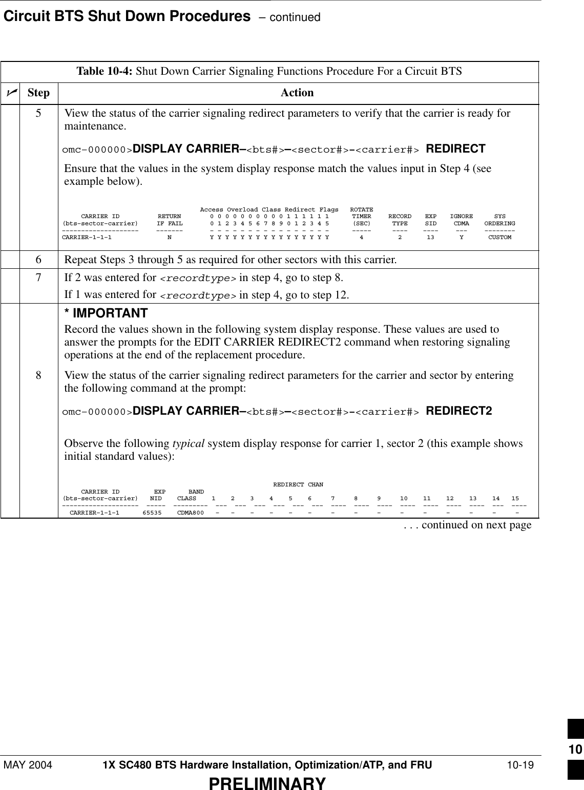 Circuit BTS Shut Down Procedures  – continuedMAY 2004 1X SC480 BTS Hardware Installation, Optimization/ATP, and FRU  10-19PRELIMINARYTable 10-4: Shut Down Carrier Signaling Functions Procedure For a Circuit BTSnActionStep5View the status of the carrier signaling redirect parameters to verify that the carrier is ready formaintenance.omc–000000&gt;DISPLAY CARRIER–&lt;bts#&gt;–&lt;sector#&gt;–&lt;carrier#&gt; REDIRECTEnsure that the values in the system display response match the values input in Step 4 (seeexample below).Access Overload Class Redirect Flags ROTATECARRIER ID RETURN 0 0 0 0 0 0 0 0 0 0 1 1 1 1 1 1 TIMER RECORD EXP IGNORE SYS(bts–sector–carrier) IF FAIL 0 1 2 3 4 5 6 7 8 9 0 1 2 3 4 5 (SEC) TYPE SID CDMA ORDERING–––––––––––––––––––– ––––––– – – – – – – – – – – – – – – – – ––––– –––– –––– ––– ––––––––CARRIER–1–1–1 N Y Y Y Y Y Y Y Y Y Y Y Y Y Y Y Y 4 2 13 Y CUSTOM6Repeat Steps 3 through 5 as required for other sectors with this carrier.7If 2 was entered for &lt;recordtype&gt; in step 4, go to step 8.If 1 was entered for &lt;recordtype&gt; in step 4, go to step 12.* IMPORTANTRecord the values shown in the following system display response. These values are used toanswer the prompts for the EDIT CARRIER REDIRECT2 command when restoring signalingoperations at the end of the replacement procedure.8View the status of the carrier signaling redirect parameters for the carrier and sector by enteringthe following command at the prompt:omc–000000&gt;DISPLAY CARRIER–&lt;bts#&gt;–&lt;sector#&gt;–&lt;carrier#&gt; REDIRECT2Observe the following typical system display response for carrier 1, sector 2 (this example showsinitial standard values):                                                       REDIRECT CHAN     CARRIER ID         EXP      BAND(bts–sector–carrier)   NID    CLASS    1    2    3    4    5    6     7     8     9     10    11    12    13    14   15––––––––––––––––––––  –––––  –––––––––  –––  –––  –––  –––  –––  –––  ––––  ––––  ––––  ––––  ––––  ––––  ––––  –––  ––––  CARRIER–1–1–1      65535    CDMA800   –   –    –    –    –    –     –     –     –     –     –     –     –     –     –. . . continued on next page10