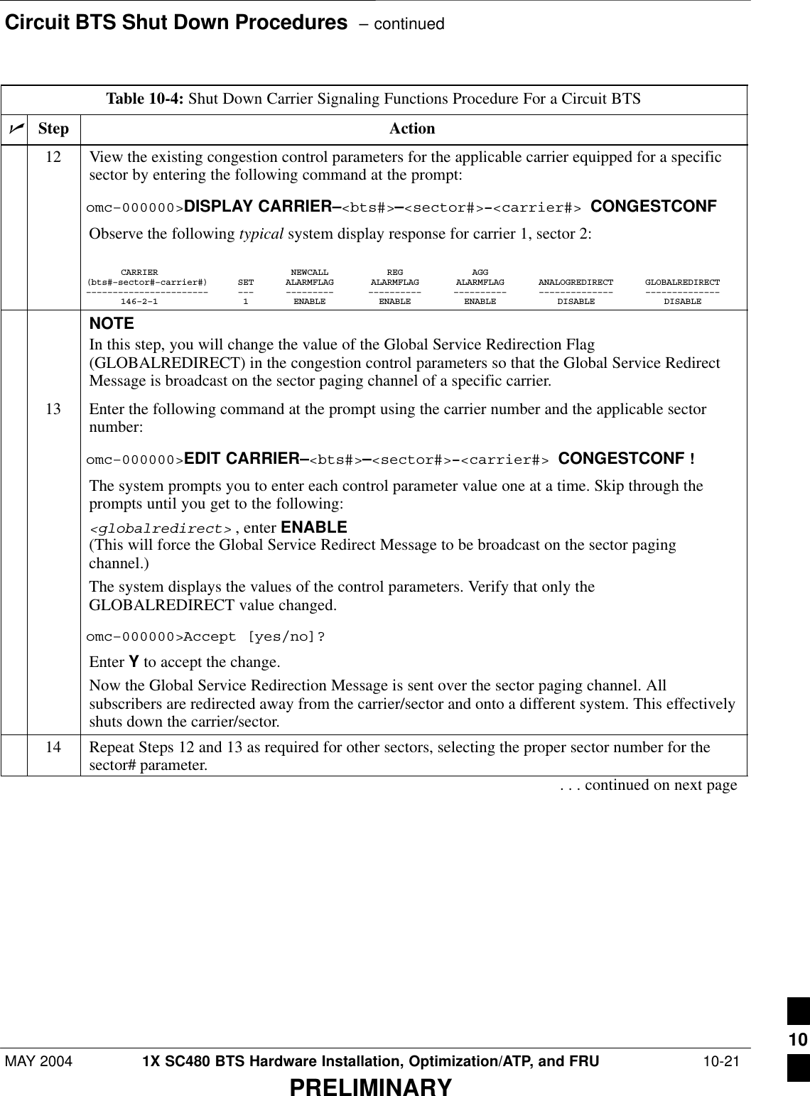 Circuit BTS Shut Down Procedures  – continuedMAY 2004 1X SC480 BTS Hardware Installation, Optimization/ATP, and FRU  10-21PRELIMINARYTable 10-4: Shut Down Carrier Signaling Functions Procedure For a Circuit BTSnActionStep12 View the existing congestion control parameters for the applicable carrier equipped for a specificsector by entering the following command at the prompt:omc–000000&gt;DISPLAY CARRIER–&lt;bts#&gt;–&lt;sector#&gt;–&lt;carrier#&gt; CONGESTCONFObserve the following typical system display response for carrier 1, sector 2:CARRIER NEWCALL REG AGG(bts#–sector#–carrier#) SET ALARMFLAG ALARMFLAG ALARMFLAG ANALOGREDIRECT GLOBALREDIRECT––––––––––––––––––––––– ––– ––––––––– –––––––––– –––––––––– –––––––––––––– ––––––––––––––146–2–1 1 ENABLE ENABLE ENABLE DISABLE DISABLENOTEIn this step, you will change the value of the Global Service Redirection Flag(GLOBALREDIRECT) in the congestion control parameters so that the Global Service RedirectMessage is broadcast on the sector paging channel of a specific carrier.13 Enter the following command at the prompt using the carrier number and the applicable sectornumber:omc–000000&gt;EDIT CARRIER–&lt;bts#&gt;–&lt;sector#&gt;–&lt;carrier#&gt; CONGESTCONF !The system prompts you to enter each control parameter value one at a time. Skip through theprompts until you get to the following:&lt;globalredirect&gt; , enter ENABLE (This will force the Global Service Redirect Message to be broadcast on the sector pagingchannel.)The system displays the values of the control parameters. Verify that only theGLOBALREDIRECT value changed.omc–000000&gt;Accept [yes/no]?Enter Y to accept the change.Now the Global Service Redirection Message is sent over the sector paging channel. Allsubscribers are redirected away from the carrier/sector and onto a different system. This effectivelyshuts down the carrier/sector.14 Repeat Steps 12 and 13 as required for other sectors, selecting the proper sector number for thesector# parameter.. . . continued on next page10
