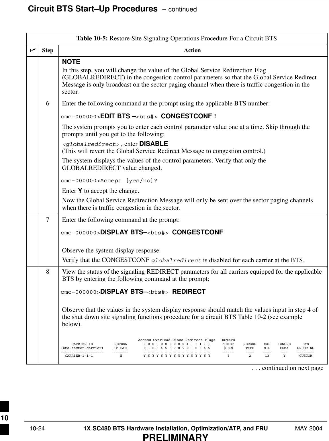 Circuit BTS Start–Up Procedures  – continued 10-24 1X SC480 BTS Hardware Installation, Optimization/ATP, and FRU MAY 2004PRELIMINARYTable 10-5: Restore Site Signaling Operations Procedure For a Circuit BTSnActionStepNOTEIn this step, you will change the value of the Global Service Redirection Flag(GLOBALREDIRECT) in the congestion control parameters so that the Global Service RedirectMessage is only broadcast on the sector paging channel when there is traffic congestion in thesector.6Enter the following command at the prompt using the applicable BTS number:omc–000000&gt;EDIT BTS –&lt;bts#&gt; CONGESTCONF !The system prompts you to enter each control parameter value one at a time. Skip through theprompts until you get to the following:&lt;globalredirect&gt; , enter DISABLE (This will revert the Global Service Redirect Message to congestion control.)The system displays the values of the control parameters. Verify that only theGLOBALREDIRECT value changed.omc–000000&gt;Accept [yes/no]?Enter Y to accept the change.Now the Global Service Redirection Message will only be sent over the sector paging channelswhen there is traffic congestion in the sector.7Enter the following command at the prompt:omc–000000&gt;DISPLAY BTS–&lt;bts#&gt; CONGESTCONFObserve the system display response.Verify that the CONGESTCONF globalredirect is disabled for each carrier at the BTS.8View the status of the signaling REDIRECT parameters for all carriers equipped for the applicableBTS by entering the following command at the prompt:omc–000000&gt;DISPLAY BTS–&lt;bts#&gt; REDIRECTObserve that the values in the system display response should match the values input in step 4 ofthe shut down site signaling functions procedure for a circuit BTS Table 10-2 (see examplebelow).Access Overload Class Redirect Flags ROTATECARRIER ID RETURN 0 0 0 0 0 0 0 0 0 0 1 1 1 1 1 1 TIMER RECORD EXP IGNORE SYS(bts–sector–carrier) IF FAIL 0 1 2 3 4 5 6 7 8 9 0 1 2 3 4 5 (SEC) TYPE SID CDMA ORDERING–––––––––––––––––––– ––––––– – – – – – – – – – – – – – – – – ––––– –––– –––– ––– ––––––––  CARRIER–1–1–1 N Y Y Y Y Y Y Y Y Y Y Y Y Y Y Y Y 4 2 13 Y CUSTOM . . . continued on next page10