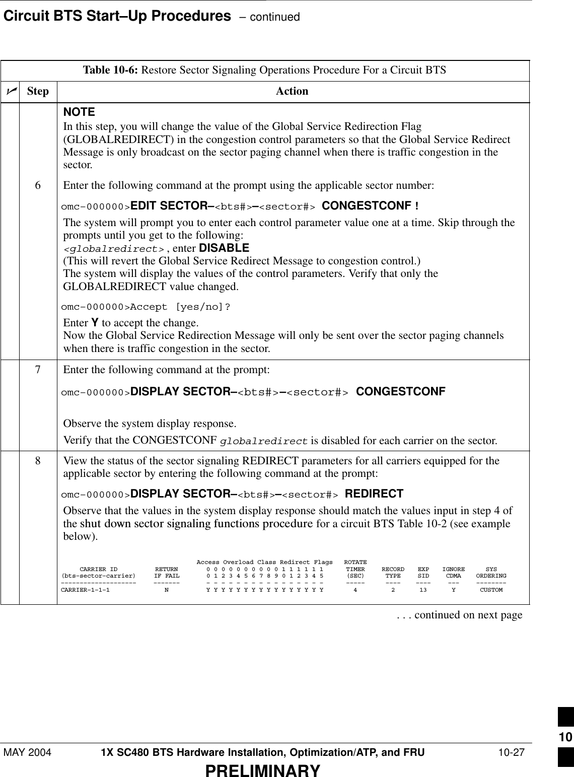 Circuit BTS Start–Up Procedures  – continuedMAY 2004 1X SC480 BTS Hardware Installation, Optimization/ATP, and FRU  10-27PRELIMINARYTable 10-6: Restore Sector Signaling Operations Procedure For a Circuit BTSnActionStepNOTEIn this step, you will change the value of the Global Service Redirection Flag(GLOBALREDIRECT) in the congestion control parameters so that the Global Service RedirectMessage is only broadcast on the sector paging channel when there is traffic congestion in thesector.6Enter the following command at the prompt using the applicable sector number:omc–000000&gt;EDIT SECTOR–&lt;bts#&gt;–&lt;sector#&gt; CONGESTCONF !The system will prompt you to enter each control parameter value one at a time. Skip through theprompts until you get to the following:&lt;globalredirect&gt; , enter DISABLE (This will revert the Global Service Redirect Message to congestion control.)The system will display the values of the control parameters. Verify that only theGLOBALREDIRECT value changed.omc–000000&gt;Accept [yes/no]?Enter Y to accept the change.Now the Global Service Redirection Message will only be sent over the sector paging channelswhen there is traffic congestion in the sector.7Enter the following command at the prompt:omc–000000&gt;DISPLAY SECTOR–&lt;bts#&gt;–&lt;sector#&gt; CONGESTCONFObserve the system display response.Verify that the CONGESTCONF globalredirect is disabled for each carrier on the sector.8View the status of the sector signaling REDIRECT parameters for all carriers equipped for theapplicable sector by entering the following command at the prompt:omc–000000&gt;DISPLAY SECTOR–&lt;bts#&gt;–&lt;sector#&gt; REDIRECTObserve that the values in the system display response should match the values input in step 4 ofthe shut  down  sector  signaling  functions  procedure for a circuit BTS Table 10-2 (see examplebelow).Access Overload Class Redirect Flags ROTATECARRIER ID RETURN 0 0 0 0 0 0 0 0 0 0 1 1 1 1 1 1 TIMER RECORD EXP IGNORE SYS(bts–sector–carrier) IF FAIL 0 1 2 3 4 5 6 7 8 9 0 1 2 3 4 5 (SEC) TYPE SID CDMA ORDERING–––––––––––––––––––– ––––––– – – – – – – – – – – – – – – – – ––––– –––– –––– ––– ––––––––CARRIER–1–1–1 N Y Y Y Y Y Y Y Y Y Y Y Y Y Y Y Y 4 2 13 Y CUSTOM. . . continued on next page10