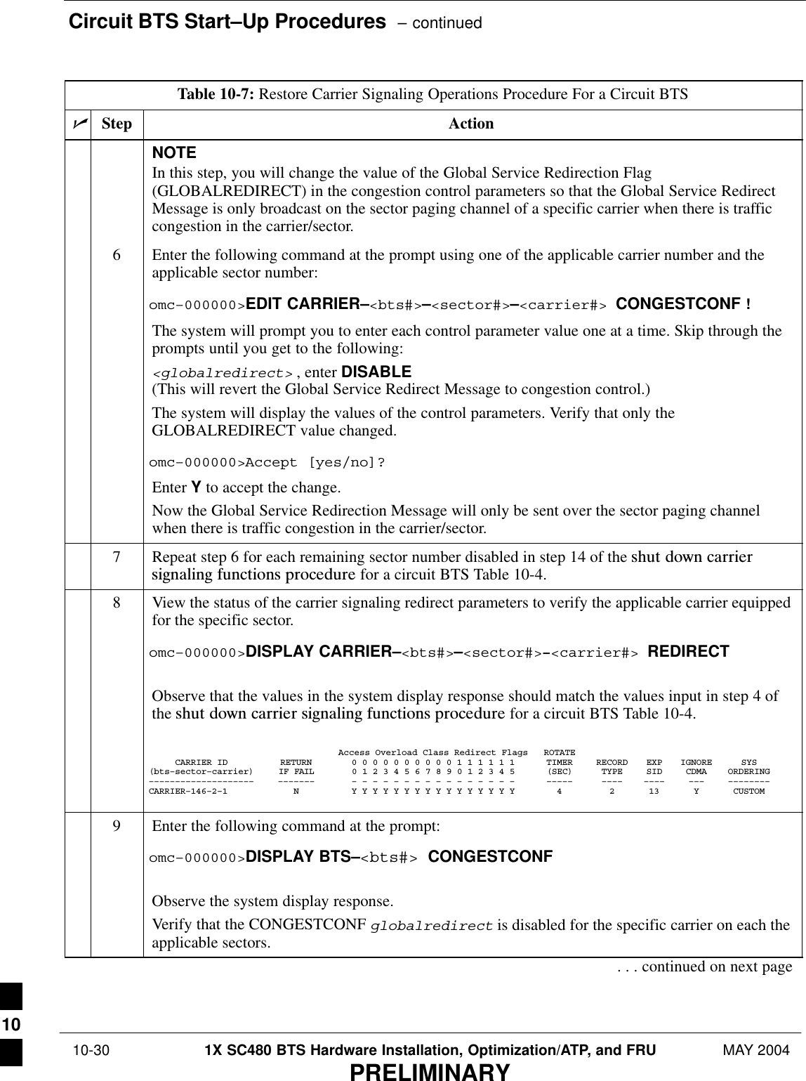 Circuit BTS Start–Up Procedures  – continued 10-30 1X SC480 BTS Hardware Installation, Optimization/ATP, and FRU MAY 2004PRELIMINARYTable 10-7: Restore Carrier Signaling Operations Procedure For a Circuit BTSnActionStepNOTEIn this step, you will change the value of the Global Service Redirection Flag(GLOBALREDIRECT) in the congestion control parameters so that the Global Service RedirectMessage is only broadcast on the sector paging channel of a specific carrier when there is trafficcongestion in the carrier/sector.6Enter the following command at the prompt using one of the applicable carrier number and theapplicable sector number:omc–000000&gt;EDIT CARRIER–&lt;bts#&gt;–&lt;sector#&gt;–&lt;carrier#&gt; CONGESTCONF !The system will prompt you to enter each control parameter value one at a time. Skip through theprompts until you get to the following:&lt;globalredirect&gt; , enter DISABLE (This will revert the Global Service Redirect Message to congestion control.)The system will display the values of the control parameters. Verify that only theGLOBALREDIRECT value changed.omc–000000&gt;Accept [yes/no]?Enter Y to accept the change.Now the Global Service Redirection Message will only be sent over the sector paging channelwhen there is traffic congestion in the carrier/sector.7Repeat step 6 for each remaining sector number disabled in step 14 of the shut  down  carriersignaling  functions  procedure for a circuit BTS Table 10-4.8View the status of the carrier signaling redirect parameters to verify the applicable carrier equippedfor the specific sector.omc–000000&gt;DISPLAY CARRIER–&lt;bts#&gt;–&lt;sector#&gt;–&lt;carrier#&gt; REDIRECTObserve that the values in the system display response should match the values input in step 4 ofthe shut  down  carrier  signaling  functions  procedure for a circuit BTS Table 10-4.Access Overload Class Redirect Flags ROTATECARRIER ID RETURN 0 0 0 0 0 0 0 0 0 0 1 1 1 1 1 1 TIMER RECORD EXP IGNORE SYS(bts–sector–carrier) IF FAIL 0 1 2 3 4 5 6 7 8 9 0 1 2 3 4 5 (SEC) TYPE SID CDMA ORDERING–––––––––––––––––––– ––––––– – – – – – – – – – – – – – – – – ––––– –––– –––– ––– ––––––––CARRIER–146–2–1 N Y Y Y Y Y Y Y Y Y Y Y Y Y Y Y Y 4 2 13 Y CUSTOM9Enter the following command at the prompt:omc–000000&gt;DISPLAY BTS–&lt;bts#&gt; CONGESTCONFObserve the system display response.Verify that the CONGESTCONF globalredirect is disabled for the specific carrier on each theapplicable sectors.. . . continued on next page10