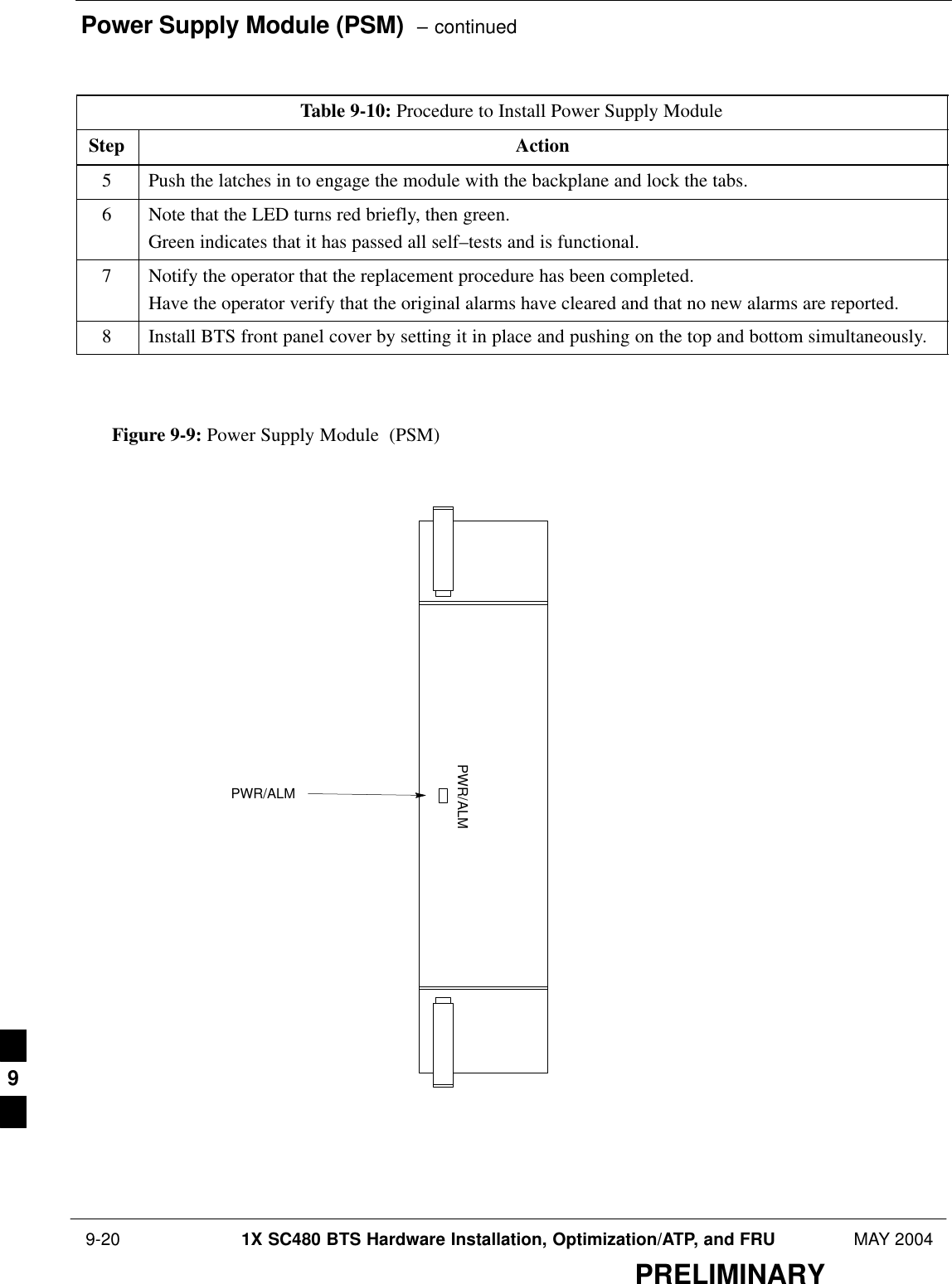 Power Supply Module (PSM)  – continued 9-20 1X SC480 BTS Hardware Installation, Optimization/ATP, and FRU MAY 2004PRELIMINARYTable 9-10: Procedure to Install Power Supply ModuleStep Action5Push the latches in to engage the module with the backplane and lock the tabs.6Note that the LED turns red briefly, then green.Green indicates that it has passed all self–tests and is functional.7Notify the operator that the replacement procedure has been completed.Have the operator verify that the original alarms have cleared and that no new alarms are reported.8Install BTS front panel cover by setting it in place and pushing on the top and bottom simultaneously.  Figure 9-9: Power Supply Module  (PSM)PWR/ALMPWR/ALM9