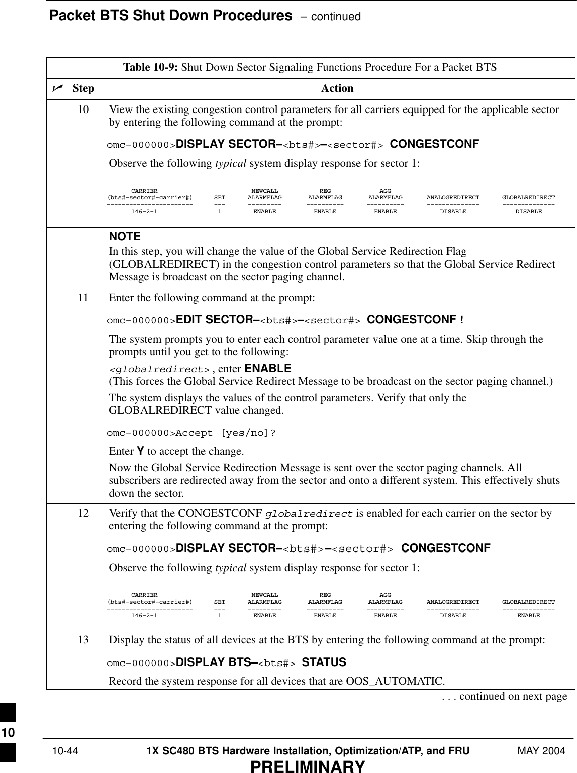 Packet BTS Shut Down Procedures  – continued 10-44 1X SC480 BTS Hardware Installation, Optimization/ATP, and FRU MAY 2004PRELIMINARYTable 10-9: Shut Down Sector Signaling Functions Procedure For a Packet BTSnActionStep10 View the existing congestion control parameters for all carriers equipped for the applicable sectorby entering the following command at the prompt:omc–000000&gt;DISPLAY SECTOR–&lt;bts#&gt;–&lt;sector#&gt; CONGESTCONFObserve the following typical system display response for sector 1:CARRIER NEWCALL REG AGG(bts#–sector#–carrier#) SET ALARMFLAG ALARMFLAG ALARMFLAG ANALOGREDIRECT GLOBALREDIRECT––––––––––––––––––––––– ––– ––––––––– –––––––––– –––––––––– –––––––––––––– ––––––––––––––146–2–1 1 ENABLE ENABLE ENABLE DISABLE DISABLENOTEIn this step, you will change the value of the Global Service Redirection Flag(GLOBALREDIRECT) in the congestion control parameters so that the Global Service RedirectMessage is broadcast on the sector paging channel.11 Enter the following command at the prompt:omc–000000&gt;EDIT SECTOR–&lt;bts#&gt;–&lt;sector#&gt; CONGESTCONF !The system prompts you to enter each control parameter value one at a time. Skip through theprompts until you get to the following:&lt;globalredirect&gt; , enter ENABLE (This forces the Global Service Redirect Message to be broadcast on the sector paging channel.)The system displays the values of the control parameters. Verify that only theGLOBALREDIRECT value changed.omc–000000&gt;Accept [yes/no]?Enter Y to accept the change.Now the Global Service Redirection Message is sent over the sector paging channels. Allsubscribers are redirected away from the sector and onto a different system. This effectively shutsdown the sector.12 Verify that the CONGESTCONF globalredirect is enabled for each carrier on the sector byentering the following command at the prompt:omc–000000&gt;DISPLAY SECTOR–&lt;bts#&gt;–&lt;sector#&gt; CONGESTCONFObserve the following typical system display response for sector 1:CARRIER NEWCALL REG AGG(bts#–sector#–carrier#) SET ALARMFLAG ALARMFLAG ALARMFLAG ANALOGREDIRECT GLOBALREDIRECT––––––––––––––––––––––– ––– ––––––––– –––––––––– –––––––––– –––––––––––––– ––––––––––––––146–2–1 1 ENABLE ENABLE ENABLE DISABLE ENABLE13 Display the status of all devices at the BTS by entering the following command at the prompt:omc–000000&gt;DISPLAY BTS–&lt;bts#&gt; STATUSRecord the system response for all devices that are OOS_AUTOMATIC.. . . continued on next page10