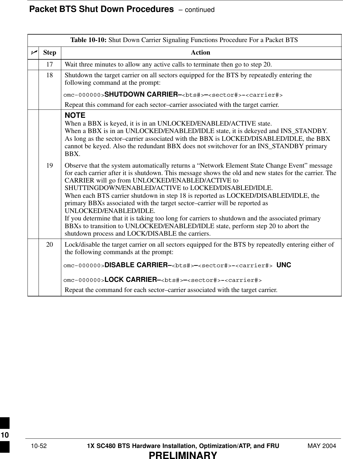 Packet BTS Shut Down Procedures  – continued 10-52 1X SC480 BTS Hardware Installation, Optimization/ATP, and FRU MAY 2004PRELIMINARYTable 10-10: Shut Down Carrier Signaling Functions Procedure For a Packet BTSnActionStep17 Wait three minutes to allow any active calls to terminate then go to step 20.18 Shutdown the target carrier on all sectors equipped for the BTS by repeatedly entering thefollowing command at the prompt:omc–000000&gt;SHUTDOWN CARRIER–&lt;bts#&gt;–&lt;sector#&gt;–&lt;carrier#&gt;Repeat this command for each sector–carrier associated with the target carrier.NOTEWhen a BBX is keyed, it is in an UNLOCKED/ENABLED/ACTIVE state.When a BBX is in an UNLOCKED/ENABLED/IDLE state, it is dekeyed and INS_STANDBY.As long as the sector–carrier associated with the BBX is LOCKED/DISABLED/IDLE, the BBXcannot be keyed. Also the redundant BBX does not switchover for an INS_STANDBY primaryBBX.19 Observe that the system automatically returns a “Network Element State Change Event” messagefor each carrier after it is shutdown. This message shows the old and new states for the carrier. TheCARRIER will go from UNLOCKED/ENABLED/ACTIVE toSHUTTINGDOWN/ENABLED/ACTIVE to LOCKED/DISABLED/IDLE.When each BTS carrier shutdown in step 18 is reported as LOCKED/DISABLED/IDLE, theprimary BBXs associated with the target sector–carrier will be reported asUNLOCKED/ENABLED/IDLE.If you determine that it is taking too long for carriers to shutdown and the associated primaryBBXs to transition to UNLOCKED/ENABLED/IDLE state, perform step 20 to abort theshutdown process and LOCK/DISABLE the carriers.20 Lock/disable the target carrier on all sectors equipped for the BTS by repeatedly entering either ofthe following commands at the prompt:omc–000000&gt;DISABLE CARRIER–&lt;bts#&gt;–&lt;sector#&gt;–&lt;carrier#&gt; UNComc–000000&gt;LOCK CARRIER–&lt;bts#&gt;–&lt;sector#&gt;–&lt;carrier#&gt;Repeat the command for each sector–carrier associated with the target carrier. 10