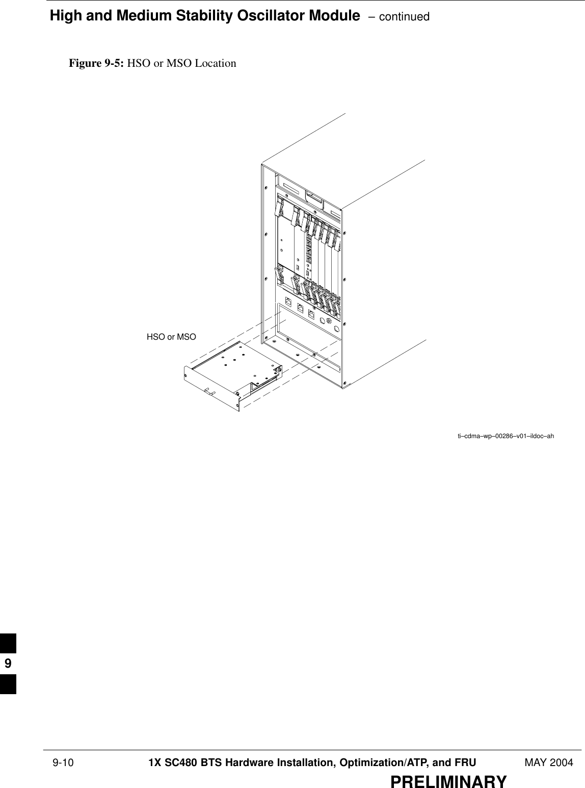 High and Medium Stability Oscillator Module  – continued 9-10 1X SC480 BTS Hardware Installation, Optimization/ATP, and FRU MAY 2004PRELIMINARYti–cdma–wp–00286–v01–ildoc–ahHSO or MSOFigure 9-5: HSO or MSO Location9