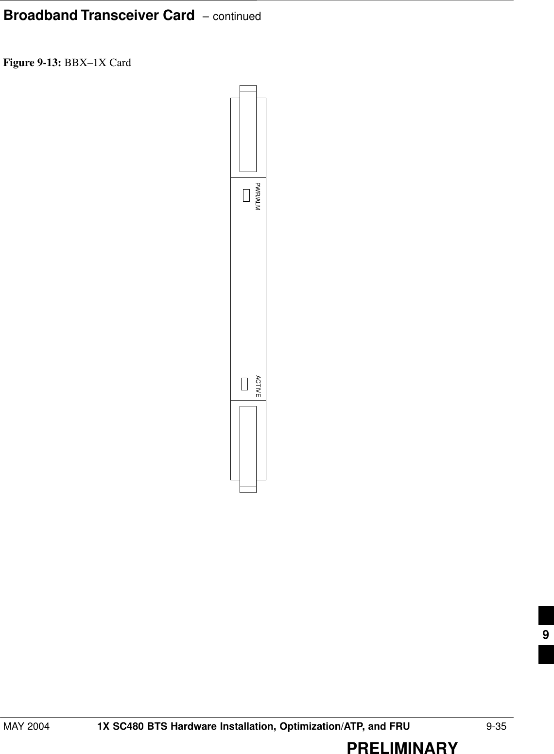 Broadband Transceiver Card  – continuedMAY 2004 1X SC480 BTS Hardware Installation, Optimization/ATP, and FRU  9-35PRELIMINARYFigure 9-13: BBX–1X CardPWR/ALM ACTIVE9