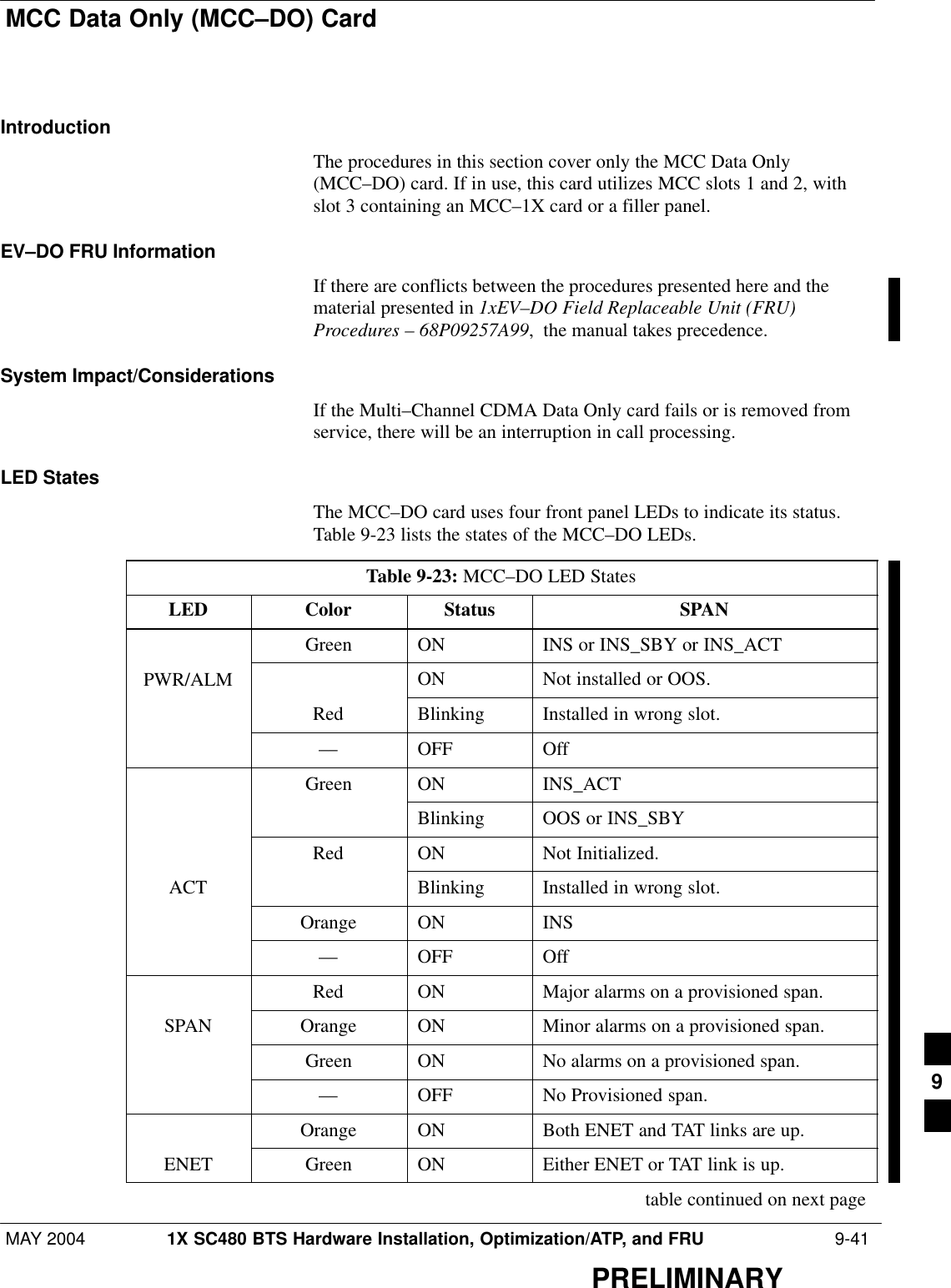 MCC Data Only (MCC–DO) CardMAY 2004 1X SC480 BTS Hardware Installation, Optimization/ATP, and FRU  9-41PRELIMINARYIntroductionThe procedures in this section cover only the MCC Data Only(MCC–DO) card. If in use, this card utilizes MCC slots 1 and 2, withslot 3 containing an MCC–1X card or a filler panel.EV–DO FRU InformationIf there are conflicts between the procedures presented here and thematerial presented in 1xEV–DO Field Replaceable Unit (FRU)Procedures – 68P09257A99,  the manual takes precedence.System Impact/ConsiderationsIf the Multi–Channel CDMA Data Only card fails or is removed fromservice, there will be an interruption in call processing.LED StatesThe MCC–DO card uses four front panel LEDs to indicate its status.Table 9-23 lists the states of the MCC–DO LEDs.Table 9-23: MCC–DO LED StatesLED Color Status SPANGreen ON INS or INS_SBY or INS_ACTPWR/ALM ON Not installed or OOS.Red Blinking Installed in wrong slot.–– OFF OffGreen ON INS_ACTBlinking OOS or INS_SBYRed ON Not Initialized.ACT Blinking Installed in wrong slot.Orange ON INS–– OFF OffRed ON Major alarms on a provisioned span.SPAN Orange ON Minor alarms on a provisioned span.Green ON No alarms on a provisioned span.–– OFF No Provisioned span.Orange ON Both ENET and TAT links are up.ENET Green ON Either ENET or TAT link is up.table continued on next page9