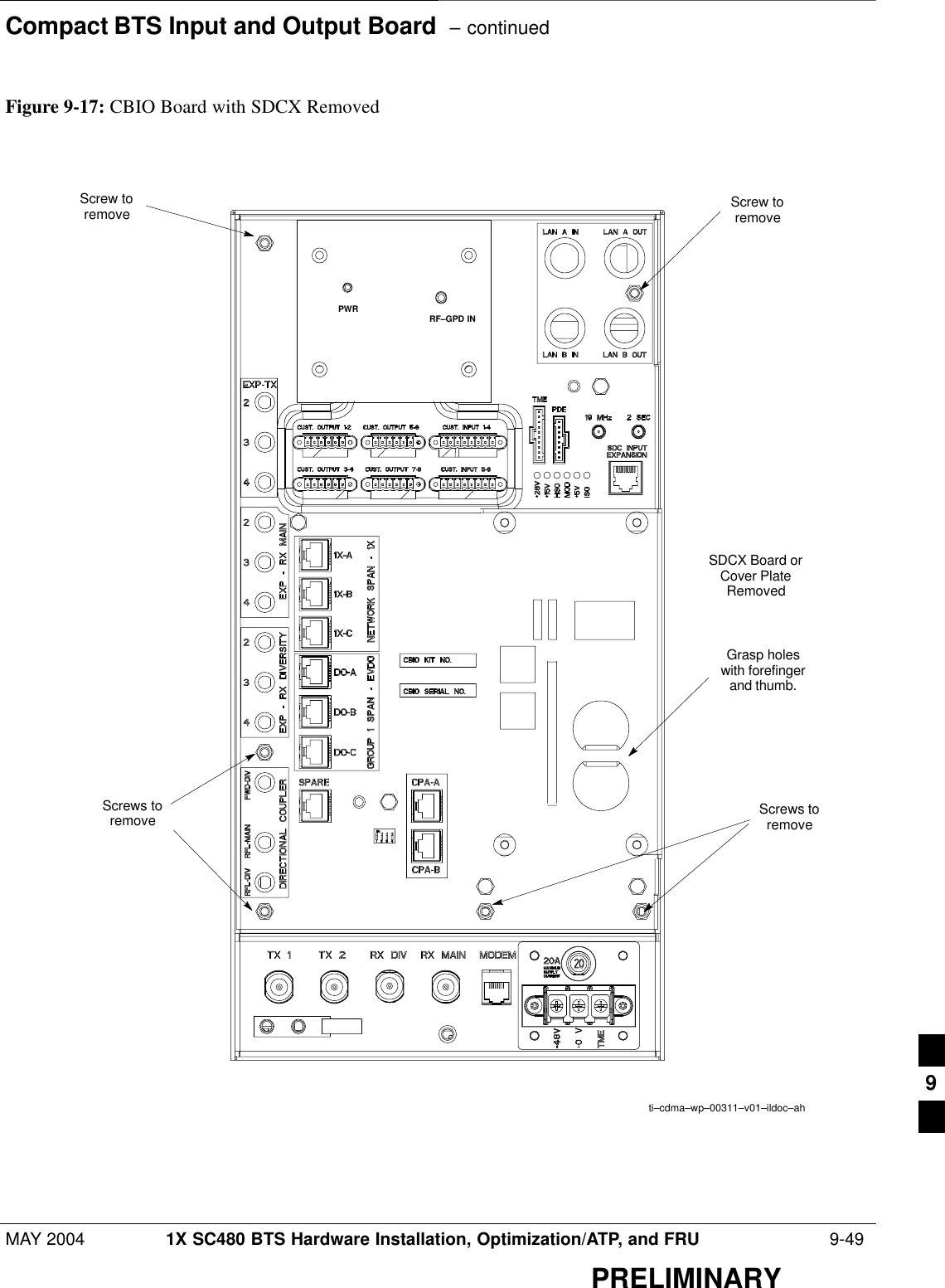 Compact BTS Input and Output Board  – continuedMAY 2004 1X SC480 BTS Hardware Installation, Optimization/ATP, and FRU  9-49PRELIMINARYFigure 9-17: CBIO Board with SDCX Removedti–cdma–wp–00311–v01–ildoc–ahRF–GPD INPWRScrews toremoveScrews toremoveScrew toremoveScrew toremoveGrasp holeswith forefingerand thumb.SDCX Board orCover PlateRemoved9