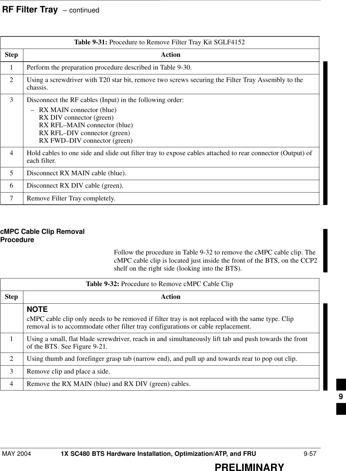 RF Filter Tray  – continuedMAY 2004 1X SC480 BTS Hardware Installation, Optimization/ATP, and FRU  9-57PRELIMINARYTable 9-31: Procedure to Remove Filter Tray Kit SGLF4152Step Action1Perform the preparation procedure described in Table 9-30.2Using a screwdriver with T20 star bit, remove two screws securing the Filter Tray Assembly to thechassis.3Disconnect the RF cables (Input) in the following order:– RX MAIN connector (blue)RX DIV connector (green)RX RFL–MAIN connector (blue)RX RFL–DIV connector (green)RX FWD–DIV connector (green)4Hold cables to one side and slide out filter tray to expose cables attached to rear connector (Output) ofeach filter.5Disconnect RX MAIN cable (blue).6Disconnect RX DIV cable (green).7Remove Filter Tray completely.  cMPC Cable Clip RemovalProcedureFollow the procedure in Table 9-32 to remove the cMPC cable clip. ThecMPC cable clip is located just inside the front of the BTS, on the CCP2shelf on the right side (looking into the BTS).Table 9-32: Procedure to Remove cMPC Cable ClipStep ActionNOTEcMPC cable clip only needs to be removed if filter tray is not replaced with the same type. Clipremoval is to accommodate other filter tray configurations or cable replacement.1Using a small, flat blade screwdriver, reach in and simultaneously lift tab and push towards the frontof the BTS. See Figure 9-21.2Using thumb and forefinger grasp tab (narrow end), and pull up and towards rear to pop out clip.3Remove clip and place a side.4Remove the RX MAIN (blue) and RX DIV (green) cables.   9