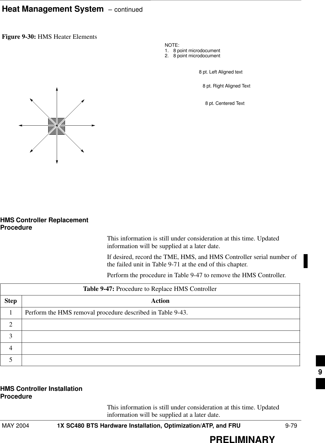 Heat Management System  – continuedMAY 2004 1X SC480 BTS Hardware Installation, Optimization/ATP, and FRU  9-79PRELIMINARYFigure 9-30: HMS Heater ElementsNOTE:1. 8 point microdocument2. 8 point microdocument8 pt. Left Aligned text8 pt. Right Aligned Text8 pt. Centered TextHMS Controller ReplacementProcedureThis information is still under consideration at this time. Updatedinformation will be supplied at a later date.If desired, record the TME, HMS, and HMS Controller serial number ofthe failed unit in Table 9-71 at the end of this chapter.Perform the procedure in Table 9-47 to remove the HMS Controller.Table 9-47: Procedure to Replace HMS ControllerStep Action1Perform the HMS removal procedure described in Table 9-43.2345  HMS Controller InstallationProcedureThis information is still under consideration at this time. Updatedinformation will be supplied at a later date.9