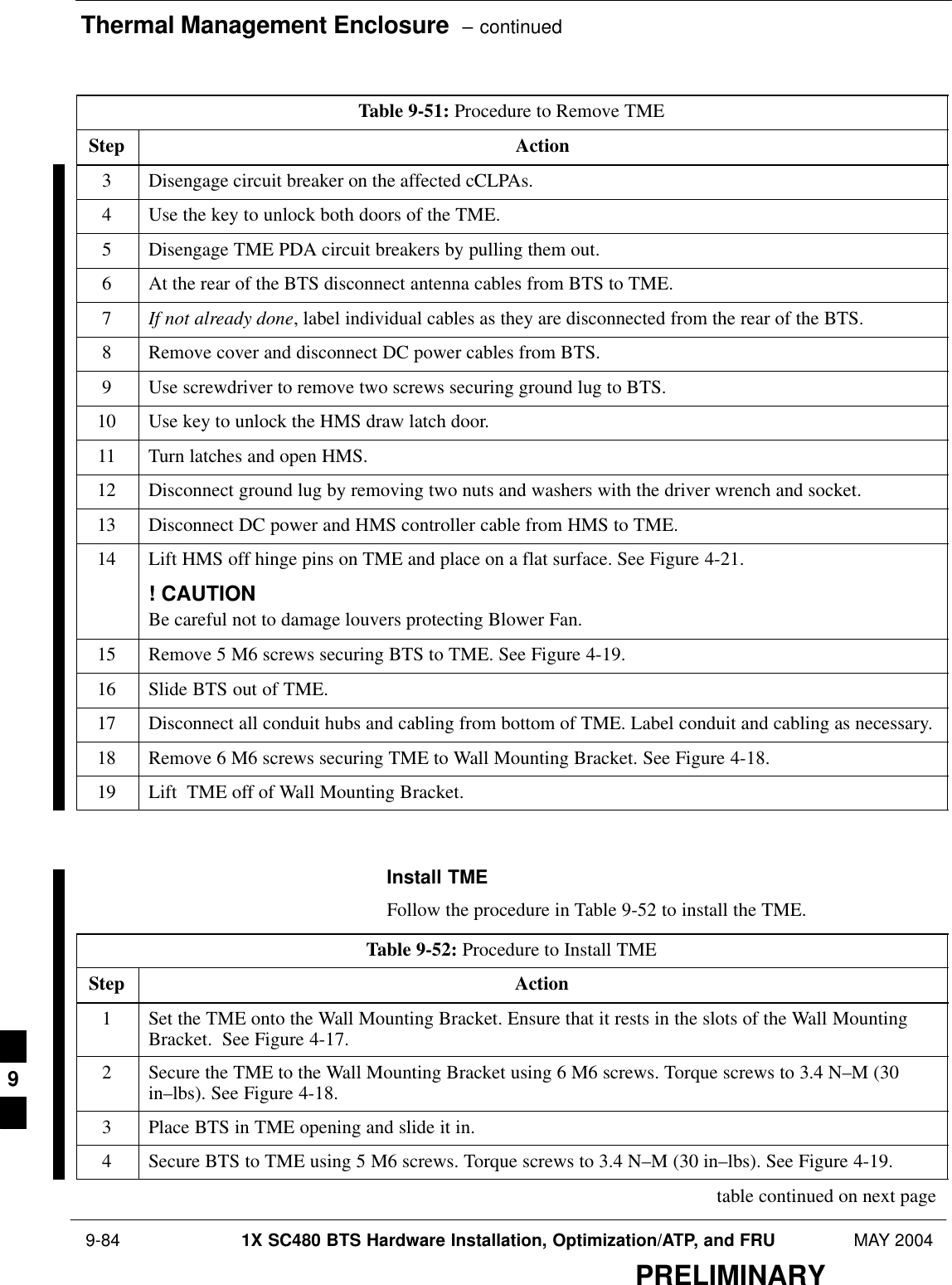 Thermal Management Enclosure  – continued 9-84 1X SC480 BTS Hardware Installation, Optimization/ATP, and FRU MAY 2004PRELIMINARYTable 9-51: Procedure to Remove TMEStep Action3Disengage circuit breaker on the affected cCLPAs.4Use the key to unlock both doors of the TME.5Disengage TME PDA circuit breakers by pulling them out.6At the rear of the BTS disconnect antenna cables from BTS to TME.7If not already done, label individual cables as they are disconnected from the rear of the BTS.8Remove cover and disconnect DC power cables from BTS.9Use screwdriver to remove two screws securing ground lug to BTS.10 Use key to unlock the HMS draw latch door.11 Turn latches and open HMS.12 Disconnect ground lug by removing two nuts and washers with the driver wrench and socket.13 Disconnect DC power and HMS controller cable from HMS to TME.14 Lift HMS off hinge pins on TME and place on a flat surface. See Figure 4-21.! CAUTIONBe careful not to damage louvers protecting Blower Fan.15 Remove 5 M6 screws securing BTS to TME. See Figure 4-19.16 Slide BTS out of TME.17 Disconnect all conduit hubs and cabling from bottom of TME. Label conduit and cabling as necessary.18 Remove 6 M6 screws securing TME to Wall Mounting Bracket. See Figure 4-18.19 Lift  TME off of Wall Mounting Bracket.  Install TMEFollow the procedure in Table 9-52 to install the TME.Table 9-52: Procedure to Install TMEStep Action1Set the TME onto the Wall Mounting Bracket. Ensure that it rests in the slots of the Wall MountingBracket.  See Figure 4-17.2Secure the TME to the Wall Mounting Bracket using 6 M6 screws. Torque screws to 3.4 N–M (30in–lbs). See Figure 4-18.3Place BTS in TME opening and slide it in.4Secure BTS to TME using 5 M6 screws. Torque screws to 3.4 N–M (30 in–lbs). See Figure 4-19. table continued on next page9