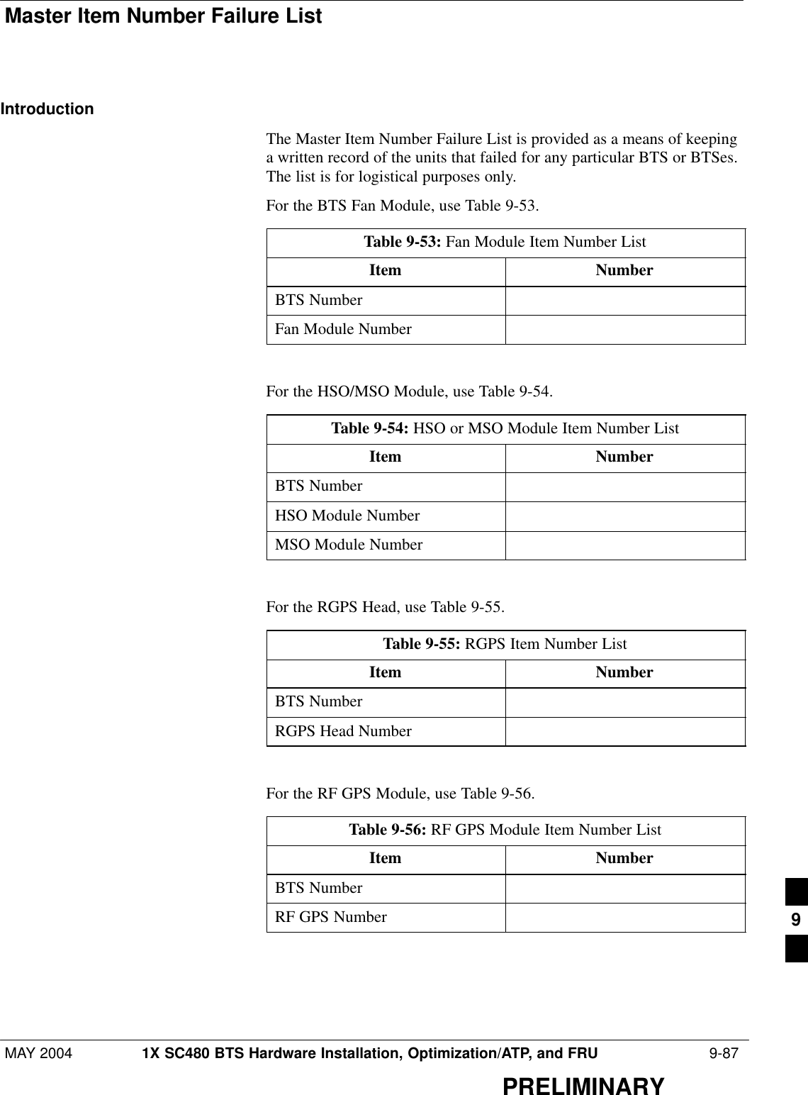 Master Item Number Failure ListMAY 2004 1X SC480 BTS Hardware Installation, Optimization/ATP, and FRU  9-87PRELIMINARYIntroductionThe Master Item Number Failure List is provided as a means of keepinga written record of the units that failed for any particular BTS or BTSes.The list is for logistical purposes only.For the BTS Fan Module, use Table 9-53.Table 9-53: Fan Module Item Number ListItem NumberBTS NumberFan Module Number For the HSO/MSO Module, use Table 9-54.Table 9-54: HSO or MSO Module Item Number ListItem NumberBTS NumberHSO Module NumberMSO Module Number For the RGPS Head, use Table 9-55.Table 9-55: RGPS Item Number ListItem NumberBTS NumberRGPS Head Number For the RF GPS Module, use Table 9-56.Table 9-56: RF GPS Module Item Number ListItem NumberBTS NumberRF GPS Number 9