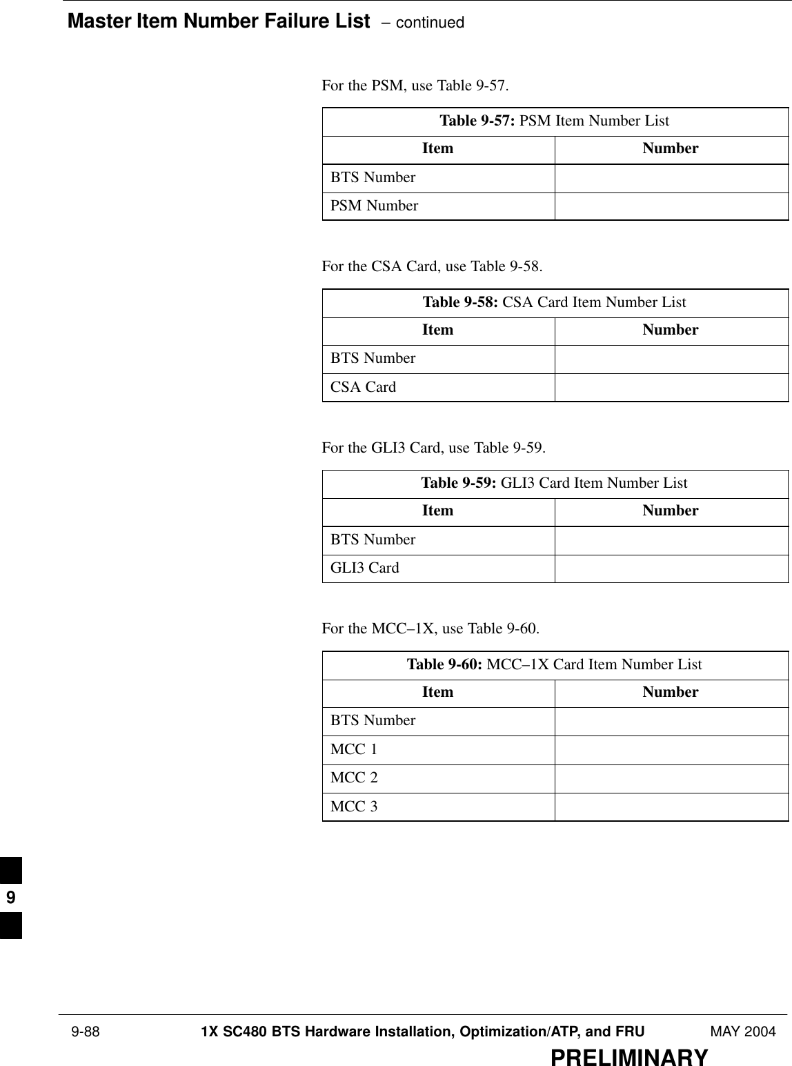 Master Item Number Failure List  – continued 9-88 1X SC480 BTS Hardware Installation, Optimization/ATP, and FRU MAY 2004PRELIMINARYFor the PSM, use Table 9-57.Table 9-57: PSM Item Number ListItem NumberBTS NumberPSM Number For the CSA Card, use Table 9-58.Table 9-58: CSA Card Item Number ListItem NumberBTS NumberCSA Card For the GLI3 Card, use Table 9-59.Table 9-59: GLI3 Card Item Number ListItem NumberBTS NumberGLI3 Card For the MCC–1X, use Table 9-60.Table 9-60: MCC–1X Card Item Number ListItem NumberBTS NumberMCC 1MCC 2MCC 3 9