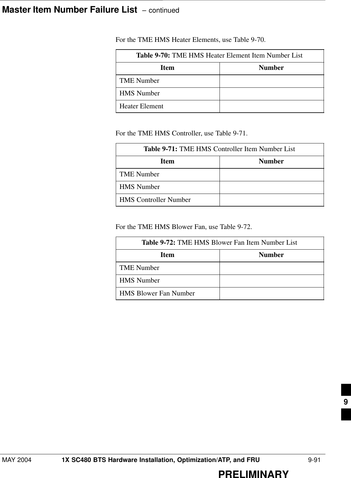 Master Item Number Failure List  – continuedMAY 2004 1X SC480 BTS Hardware Installation, Optimization/ATP, and FRU  9-91PRELIMINARYFor the TME HMS Heater Elements, use Table 9-70.Table 9-70: TME HMS Heater Element Item Number ListItem NumberTME NumberHMS NumberHeater Element For the TME HMS Controller, use Table 9-71.Table 9-71: TME HMS Controller Item Number ListItem NumberTME NumberHMS NumberHMS Controller Number For the TME HMS Blower Fan, use Table 9-72.Table 9-72: TME HMS Blower Fan Item Number ListItem NumberTME NumberHMS NumberHMS Blower Fan Number 9