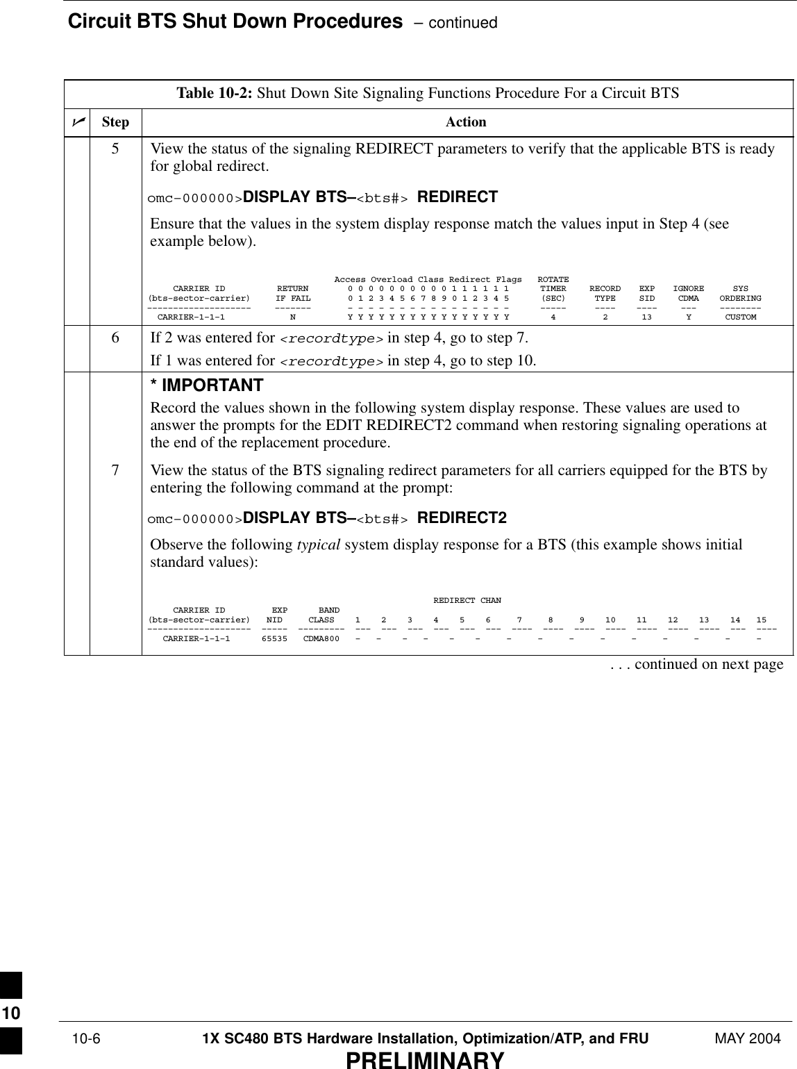 Circuit BTS Shut Down Procedures  – continued 10-6 1X SC480 BTS Hardware Installation, Optimization/ATP, and FRU MAY 2004PRELIMINARYTable 10-2: Shut Down Site Signaling Functions Procedure For a Circuit BTSnActionStep5View the status of the signaling REDIRECT parameters to verify that the applicable BTS is readyfor global redirect.omc–000000&gt;DISPLAY BTS–&lt;bts#&gt; REDIRECTEnsure that the values in the system display response match the values input in Step 4 (seeexample below).Access Overload Class Redirect Flags ROTATECARRIER ID RETURN 0 0 0 0 0 0 0 0 0 0 1 1 1 1 1 1 TIMER RECORD EXP IGNORE SYS(bts–sector–carrier) IF FAIL 0 1 2 3 4 5 6 7 8 9 0 1 2 3 4 5 (SEC) TYPE SID CDMA ORDERING–––––––––––––––––––– ––––––– – – – – – – – – – – – – – – – – ––––– –––– –––– ––– ––––––––  CARRIER–1–1–1 N Y Y Y Y Y Y Y Y Y Y Y Y Y Y Y Y 4 2 13 Y CUSTOM6If 2 was entered for &lt;recordtype&gt; in step 4, go to step 7.If 1 was entered for &lt;recordtype&gt; in step 4, go to step 10.* IMPORTANTRecord the values shown in the following system display response. These values are used toanswer the prompts for the EDIT REDIRECT2 command when restoring signaling operations atthe end of the replacement procedure.7View the status of the BTS signaling redirect parameters for all carriers equipped for the BTS byentering the following command at the prompt:omc–000000&gt;DISPLAY BTS–&lt;bts#&gt; REDIRECT2Observe the following typical system display response for a BTS (this example shows initialstandard values):                                                       REDIRECT CHAN     CARRIER ID         EXP      BAND(bts–sector–carrier)   NID     CLASS    1    2    3    4    5    6     7     8     9    10    11    12    13    14   15––––––––––––––––––––  –––––  –––––––––  –––  –––  –––  –––  –––  –––  ––––  ––––  ––––  ––––  ––––  ––––  ––––  –––  ––––   CARRIER–1–1–1      65535   CDMA800   –   –    –   –    –    –     –     –     –     –     –     –     –     –     –     . . . continued on next page10