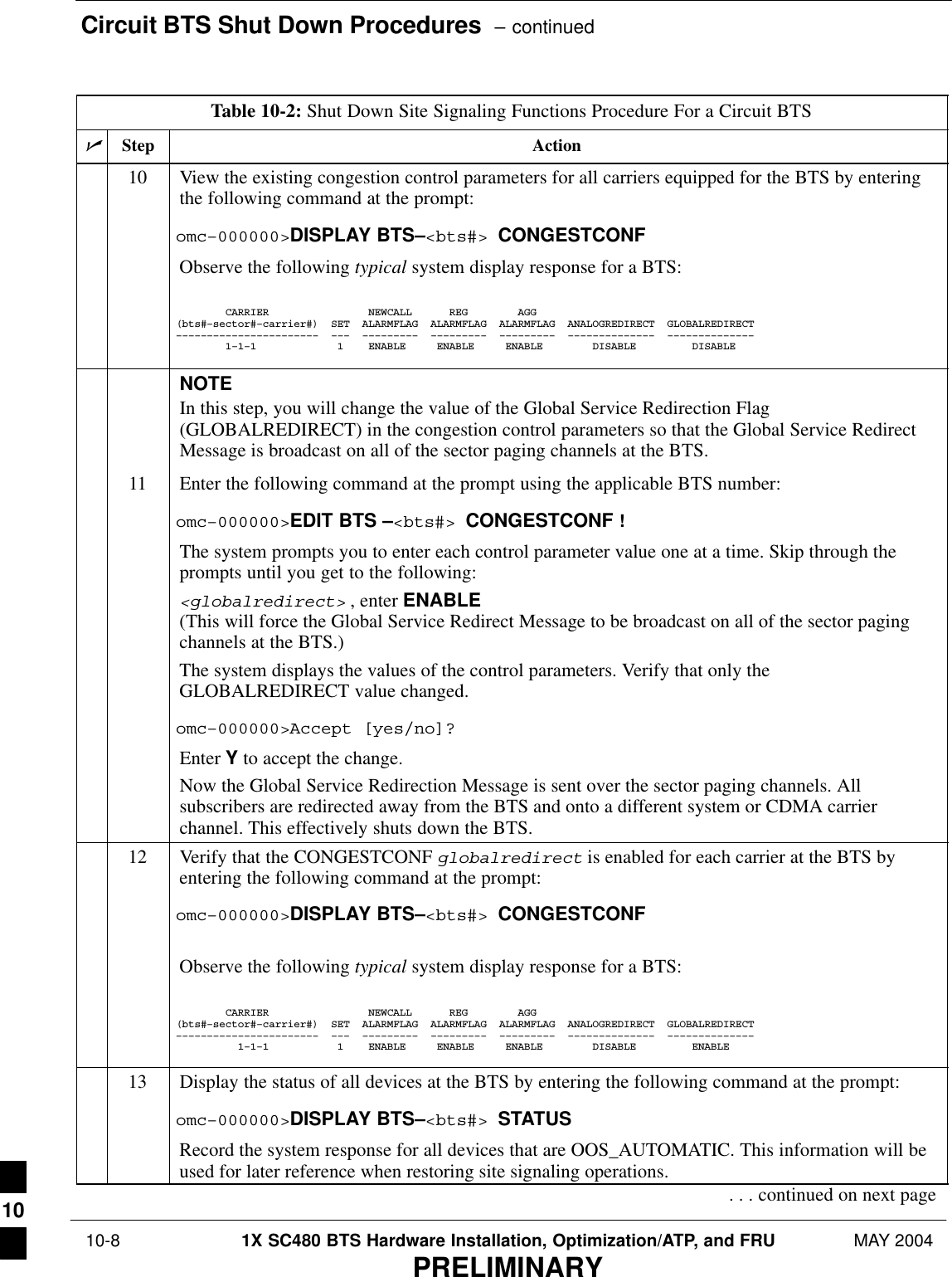 Circuit BTS Shut Down Procedures  – continued 10-8 1X SC480 BTS Hardware Installation, Optimization/ATP, and FRU MAY 2004PRELIMINARYTable 10-2: Shut Down Site Signaling Functions Procedure For a Circuit BTSnActionStep10 View the existing congestion control parameters for all carriers equipped for the BTS by enteringthe following command at the prompt:omc–000000&gt;DISPLAY BTS–&lt;bts#&gt; CONGESTCONFObserve the following typical system display response for a BTS:        CARRIER                NEWCALL      REG        AGG(bts#–sector#–carrier#)  SET  ALARMFLAG  ALARMFLAG  ALARMFLAG  ANALOGREDIRECT  GLOBALREDIRECT–––––––––––––––––––––––  –––  –––––––––  –––––––––  –––––––––  ––––––––––––––  ––––––––––––––        1–1–1             1    ENABLE     ENABLE     ENABLE        DISABLE         DISABLE      NOTEIn this step, you will change the value of the Global Service Redirection Flag(GLOBALREDIRECT) in the congestion control parameters so that the Global Service RedirectMessage is broadcast on all of the sector paging channels at the BTS.11 Enter the following command at the prompt using the applicable BTS number:omc–000000&gt;EDIT BTS –&lt;bts#&gt; CONGESTCONF !The system prompts you to enter each control parameter value one at a time. Skip through theprompts until you get to the following:&lt;globalredirect&gt; , enter ENABLE (This will force the Global Service Redirect Message to be broadcast on all of the sector pagingchannels at the BTS.)The system displays the values of the control parameters. Verify that only theGLOBALREDIRECT value changed.omc–000000&gt;Accept [yes/no]?Enter Y to accept the change.Now the Global Service Redirection Message is sent over the sector paging channels. Allsubscribers are redirected away from the BTS and onto a different system or CDMA carrierchannel. This effectively shuts down the BTS.12 Verify that the CONGESTCONF globalredirect is enabled for each carrier at the BTS byentering the following command at the prompt:omc–000000&gt;DISPLAY BTS–&lt;bts#&gt; CONGESTCONFObserve the following typical system display response for a BTS:        CARRIER                NEWCALL      REG        AGG(bts#–sector#–carrier#)  SET  ALARMFLAG  ALARMFLAG  ALARMFLAG  ANALOGREDIRECT  GLOBALREDIRECT–––––––––––––––––––––––  –––  –––––––––  –––––––––  –––––––––  ––––––––––––––  ––––––––––––––          1–1–1           1    ENABLE     ENABLE     ENABLE        DISABLE         ENABLE      13 Display the status of all devices at the BTS by entering the following command at the prompt:omc–000000&gt;DISPLAY BTS–&lt;bts#&gt; STATUSRecord the system response for all devices that are OOS_AUTOMATIC. This information will beused for later reference when restoring site signaling operations.. . . continued on next page10