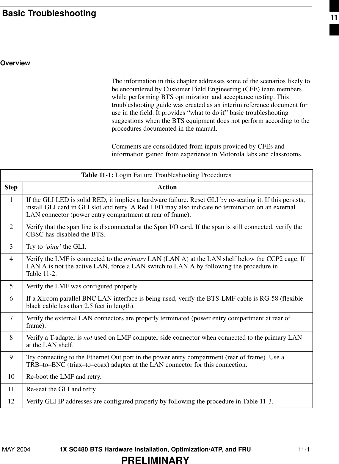 Basic Troubleshooting MAY 2004 1X SC480 BTS Hardware Installation, Optimization/ATP, and FRU  11-1PRELIMINARYOverviewThe information in this chapter addresses some of the scenarios likely tobe encountered by Customer Field Engineering (CFE) team memberswhile performing BTS optimization and acceptance testing. Thistroubleshooting guide was created as an interim reference document foruse in the field. It provides “what to do if” basic troubleshootingsuggestions when the BTS equipment does not perform according to theprocedures documented in the manual.Comments are consolidated from inputs provided by CFEs andinformation gained from experience in Motorola labs and classrooms.Table 11-1: Login Failure Troubleshooting ProceduresStep Action1If the GLI LED is solid RED, it implies a hardware failure. Reset GLI by re-seating it. If this persists,install GLI card in GLI slot and retry. A Red LED may also indicate no termination on an externalLAN connector (power entry compartment at rear of frame).2Verify that the span line is disconnected at the Span I/O card. If the span is still connected, verify theCBSC has disabled the BTS.3Try to ‘ping’ the GLI.4Verify the LMF is connected to the primary LAN (LAN A) at the LAN shelf below the CCP2 cage. IfLAN A is not the active LAN, force a LAN switch to LAN A by following the procedure inTable 11-2.5Verify the LMF was configured properly.6If a Xircom parallel BNC LAN interface is being used, verify the BTS-LMF cable is RG-58 (flexibleblack cable less than 2.5 feet in length).7Verify the external LAN connectors are properly terminated (power entry compartment at rear offrame).8Verify a T-adapter is not used on LMF computer side connector when connected to the primary LANat the LAN shelf.9Try connecting to the Ethernet Out port in the power entry compartment (rear of frame). Use aTRB–to–BNC (triax–to–coax) adapter at the LAN connector for this connection.10 Re-boot the LMF and retry.11 Re-seat the GLI and retry12 Verify GLI IP addresses are configured properly by following the procedure in Table 11-3.  11