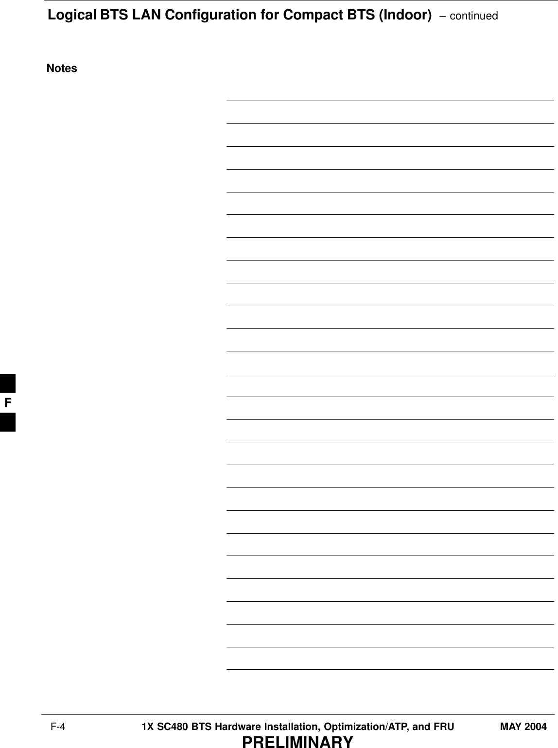 Logical BTS LAN Configuration for Compact BTS (Indoor)  – continued F-4 1X SC480 BTS Hardware Installation, Optimization/ATP, and FRU MAY 2004PRELIMINARYNotesF