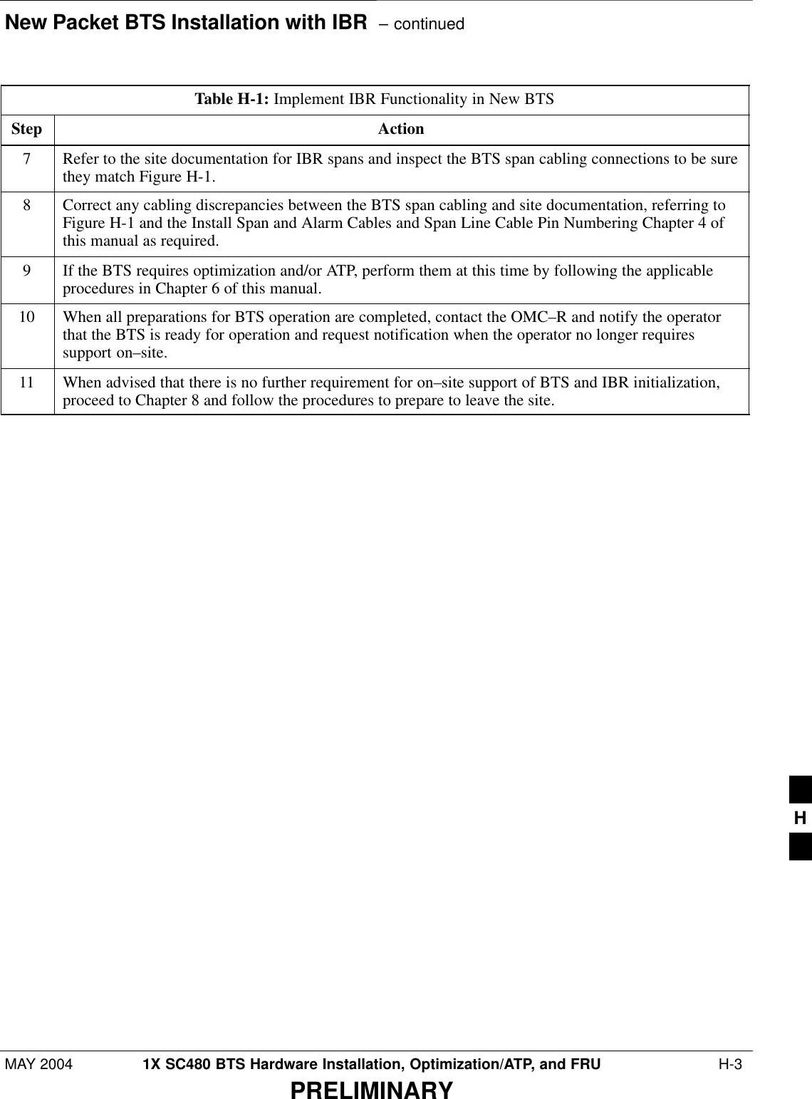 New Packet BTS Installation with IBR  – continuedMAY 2004 1X SC480 BTS Hardware Installation, Optimization/ATP, and FRU  H-3PRELIMINARYTable H-1: Implement IBR Functionality in New BTSStep Action7Refer to the site documentation for IBR spans and inspect the BTS span cabling connections to be surethey match Figure H-1.8Correct any cabling discrepancies between the BTS span cabling and site documentation, referring toFigure H-1 and the Install Span and Alarm Cables and Span Line Cable Pin Numbering Chapter 4 ofthis manual as required.9If the BTS requires optimization and/or ATP, perform them at this time by following the applicableprocedures in Chapter 6 of this manual.10 When all preparations for BTS operation are completed, contact the OMC–R and notify the operatorthat the BTS is ready for operation and request notification when the operator no longer requiressupport on–site.11 When advised that there is no further requirement for on–site support of BTS and IBR initialization,proceed to Chapter 8 and follow the procedures to prepare to leave the site. H