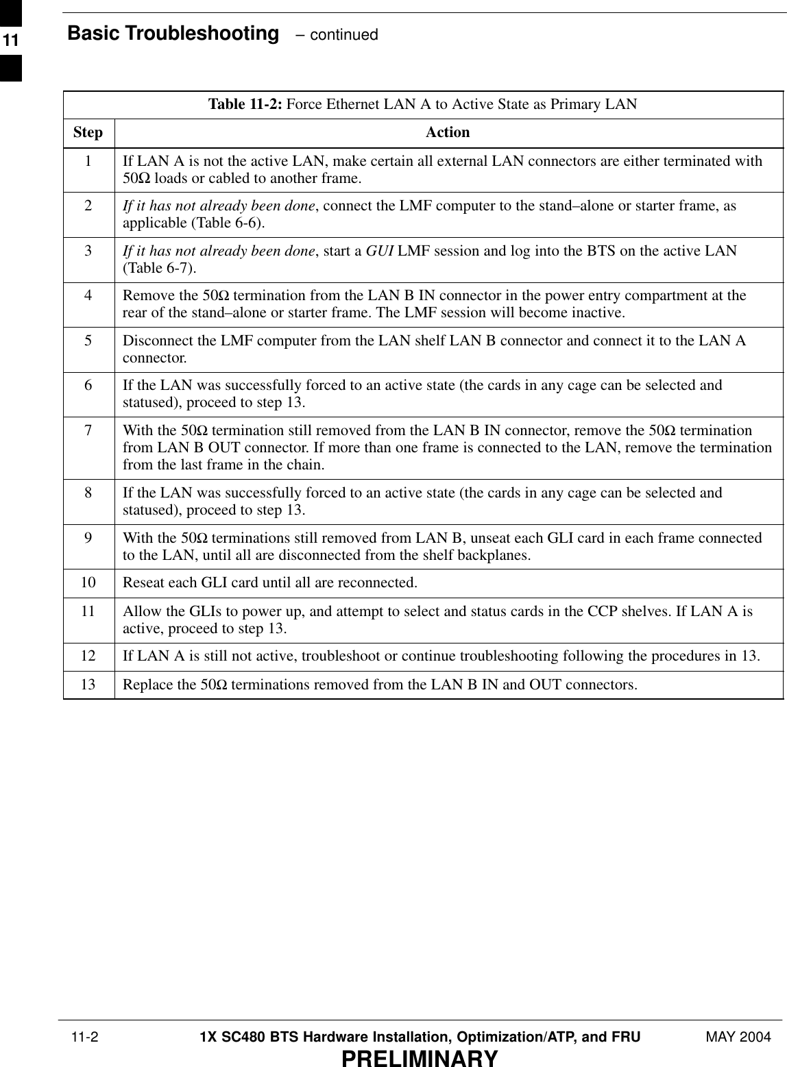 Basic Troubleshooting   – continued 11-2 1X SC480 BTS Hardware Installation, Optimization/ATP, and FRU MAY 2004PRELIMINARYTable 11-2: Force Ethernet LAN A to Active State as Primary LANStep Action1If LAN A is not the active LAN, make certain all external LAN connectors are either terminated with50Ω loads or cabled to another frame.2If it has not already been done, connect the LMF computer to the stand–alone or starter frame, asapplicable (Table 6-6).3If it has not already been done, start a GUI LMF session and log into the BTS on the active LAN(Table 6-7).4Remove the 50Ω termination from the LAN B IN connector in the power entry compartment at therear of the stand–alone or starter frame. The LMF session will become inactive.5Disconnect the LMF computer from the LAN shelf LAN B connector and connect it to the LAN Aconnector.6If the LAN was successfully forced to an active state (the cards in any cage can be selected andstatused), proceed to step 13.7With the 50Ω termination still removed from the LAN B IN connector, remove the 50Ω terminationfrom LAN B OUT connector. If more than one frame is connected to the LAN, remove the terminationfrom the last frame in the chain.8If the LAN was successfully forced to an active state (the cards in any cage can be selected andstatused), proceed to step 13.9With the 50Ω terminations still removed from LAN B, unseat each GLI card in each frame connectedto the LAN, until all are disconnected from the shelf backplanes.10 Reseat each GLI card until all are reconnected.11 Allow the GLIs to power up, and attempt to select and status cards in the CCP shelves. If LAN A isactive, proceed to step 13.12 If LAN A is still not active, troubleshoot or continue troubleshooting following the procedures in 13.13 Replace the 50Ω terminations removed from the LAN B IN and OUT connectors.  11