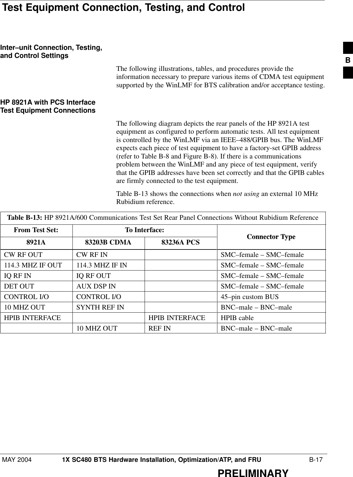 Test Equipment Connection, Testing, and ControlMAY 2004 1X SC480 BTS Hardware Installation, Optimization/ATP, and FRU  B-17PRELIMINARYInter–unit Connection, Testing,and Control SettingsThe following illustrations, tables, and procedures provide theinformation necessary to prepare various items of CDMA test equipmentsupported by the WinLMF for BTS calibration and/or acceptance testing.HP 8921A with PCS InterfaceTest Equipment ConnectionsThe following diagram depicts the rear panels of the HP 8921A testequipment as configured to perform automatic tests. All test equipmentis controlled by the WinLMF via an IEEE–488/GPIB bus. The WinLMFexpects each piece of test equipment to have a factory-set GPIB address(refer to Table B-8 and Figure B-8). If there is a communicationsproblem between the WinLMF and any piece of test equipment, verifythat the GPIB addresses have been set correctly and that the GPIB cablesare firmly connected to the test equipment.Table B-13 shows the connections when not using an external 10 MHzRubidium reference.Table B-13: HP 8921A/600 Communications Test Set Rear Panel Connections Without Rubidium ReferenceFrom Test Set: To Interface:Connector Type8921A 83203B CDMA 83236A PCSConnector TypeCW RF OUT CW RF IN SMC–female – SMC–female114.3 MHZ IF OUT 114.3 MHZ IF IN SMC–female – SMC–femaleIQ RF IN IQ RF OUT SMC–female – SMC–femaleDET OUT AUX DSP IN SMC–female – SMC–femaleCONTROL I/O CONTROL I/O 45–pin custom BUS10 MHZ OUT SYNTH REF IN BNC–male – BNC–maleHPIB INTERFACE HPIB INTERFACE HPIB cable10 MHZ OUT REF IN BNC–male – BNC–maleB