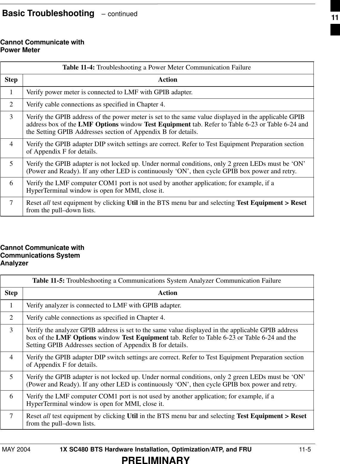 Basic Troubleshooting   – continuedMAY 2004 1X SC480 BTS Hardware Installation, Optimization/ATP, and FRU  11-5PRELIMINARYCannot Communicate withPower MeterTable 11-4: Troubleshooting a Power Meter Communication FailureStep Action1Verify power meter is connected to LMF with GPIB adapter.2Verify cable connections as specified in Chapter 4.3Verify the GPIB address of the power meter is set to the same value displayed in the applicable GPIBaddress box of the LMF Options window Test Equipment tab. Refer to Table 6-23 or Table 6-24 andthe Setting GPIB Addresses section of Appendix B for details.4Verify the GPIB adapter DIP switch settings are correct. Refer to Test Equipment Preparation sectionof Appendix F for details.5Verify the GPIB adapter is not locked up. Under normal conditions, only 2 green LEDs must be ‘ON’(Power and Ready). If any other LED is continuously ‘ON’, then cycle GPIB box power and retry.6Verify the LMF computer COM1 port is not used by another application; for example, if aHyperTerminal window is open for MMI, close it.7 Reset all test equipment by clicking Util in the BTS menu bar and selecting Test Equipment &gt; Resetfrom the pull–down lists.  Cannot Communicate withCommunications SystemAnalyzerTable 11-5: Troubleshooting a Communications System Analyzer Communication FailureStep Action1Verify analyzer is connected to LMF with GPIB adapter.2Verify cable connections as specified in Chapter 4.3Verify the analyzer GPIB address is set to the same value displayed in the applicable GPIB addressbox of the LMF Options window Test Equipment tab. Refer to Table 6-23 or Table 6-24 and theSetting GPIB Addresses section of Appendix B for details.4Verify the GPIB adapter DIP switch settings are correct. Refer to Test Equipment Preparation sectionof Appendix F for details.5Verify the GPIB adapter is not locked up. Under normal conditions, only 2 green LEDs must be ‘ON’(Power and Ready). If any other LED is continuously ‘ON’, then cycle GPIB box power and retry.6Verify the LMF computer COM1 port is not used by another application; for example, if aHyperTerminal window is open for MMI, close it.7 Reset all test equipment by clicking Util in the BTS menu bar and selecting Test Equipment &gt; Resetfrom the pull–down lists.  11