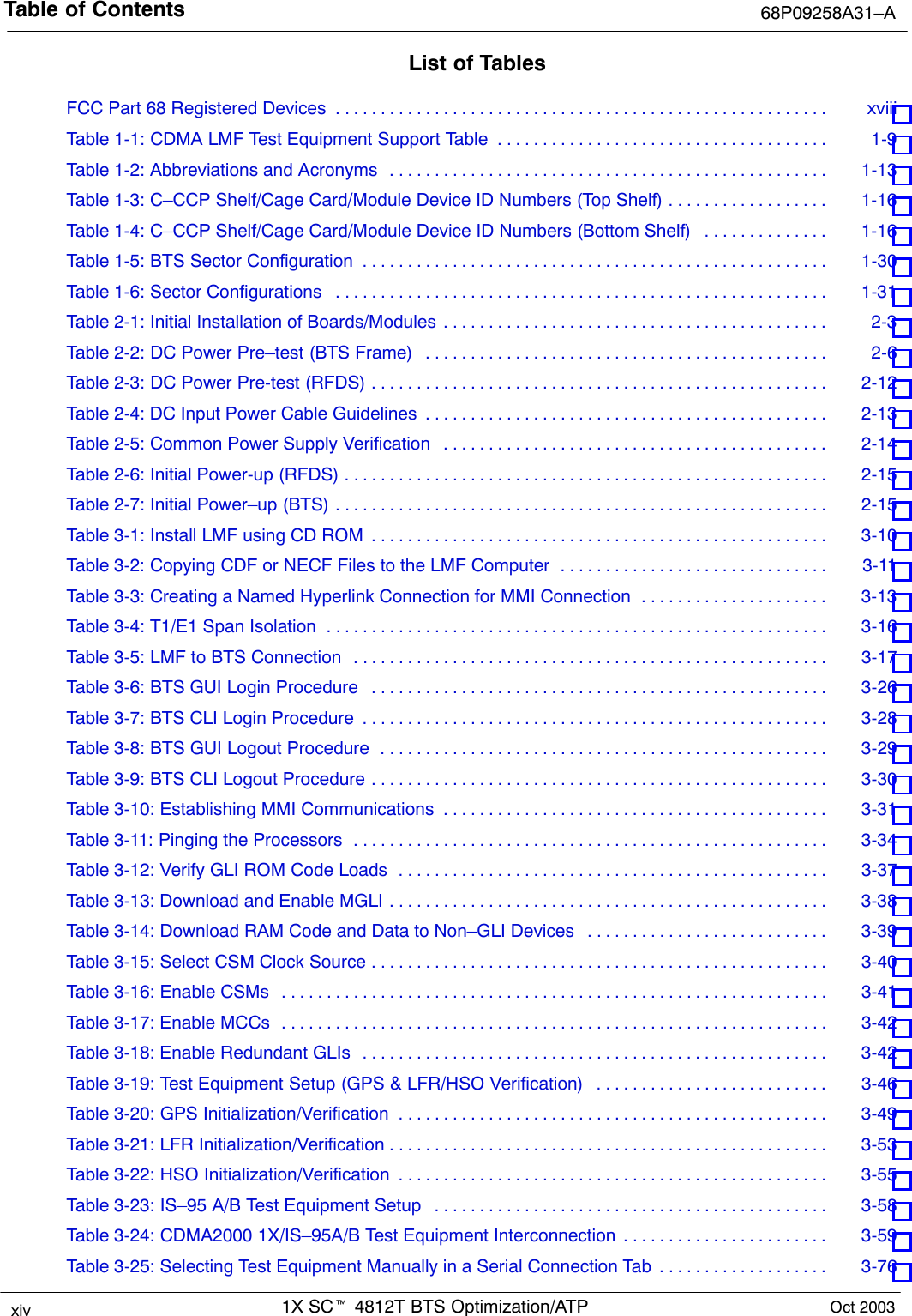 Table of Contents 68P09258A31–A1X SCt 4812T BTS Optimization/ATPxiv Oct 2003List of TablesFCC Part 68 Registered Devices xviii . . . . . . . . . . . . . . . . . . . . . . . . . . . . . . . . . . . . . . . . . . . . . . . . . . . . . . . Table 1-1: CDMA LMF Test Equipment Support Table 1-9 . . . . . . . . . . . . . . . . . . . . . . . . . . . . . . . . . . . . . Table 1-2: Abbreviations and Acronyms 1-13 . . . . . . . . . . . . . . . . . . . . . . . . . . . . . . . . . . . . . . . . . . . . . . . . . Table 1-3: C–CCP Shelf/Cage Card/Module Device ID Numbers (Top Shelf) 1-16 . . . . . . . . . . . . . . . . . . Table 1-4: C–CCP Shelf/Cage Card/Module Device ID Numbers (Bottom Shelf) 1-16 . . . . . . . . . . . . . . Table 1-5: BTS Sector Configuration 1-30 . . . . . . . . . . . . . . . . . . . . . . . . . . . . . . . . . . . . . . . . . . . . . . . . . . . . Table 1-6: Sector Configurations 1-31 . . . . . . . . . . . . . . . . . . . . . . . . . . . . . . . . . . . . . . . . . . . . . . . . . . . . . . . Table 2-1: Initial Installation of Boards/Modules 2-3 . . . . . . . . . . . . . . . . . . . . . . . . . . . . . . . . . . . . . . . . . . . Table 2-2: DC Power Pre–test (BTS Frame) 2-6 . . . . . . . . . . . . . . . . . . . . . . . . . . . . . . . . . . . . . . . . . . . . . Table 2-3: DC Power Pre-test (RFDS) 2-12 . . . . . . . . . . . . . . . . . . . . . . . . . . . . . . . . . . . . . . . . . . . . . . . . . . . Table 2-4: DC Input Power Cable Guidelines 2-13 . . . . . . . . . . . . . . . . . . . . . . . . . . . . . . . . . . . . . . . . . . . . . Table 2-5: Common Power Supply Verification 2-14 . . . . . . . . . . . . . . . . . . . . . . . . . . . . . . . . . . . . . . . . . . . Table 2-6: Initial Power-up (RFDS) 2-15 . . . . . . . . . . . . . . . . . . . . . . . . . . . . . . . . . . . . . . . . . . . . . . . . . . . . . . Table 2-7: Initial Power–up (BTS) 2-15 . . . . . . . . . . . . . . . . . . . . . . . . . . . . . . . . . . . . . . . . . . . . . . . . . . . . . . . Table 3-1: Install LMF using CD ROM 3-10 . . . . . . . . . . . . . . . . . . . . . . . . . . . . . . . . . . . . . . . . . . . . . . . . . . . Table 3-2: Copying CDF or NECF Files to the LMF Computer 3-11 . . . . . . . . . . . . . . . . . . . . . . . . . . . . . . Table 3-3: Creating a Named Hyperlink Connection for MMI Connection 3-13 . . . . . . . . . . . . . . . . . . . . . Table 3-4: T1/E1 Span Isolation 3-16 . . . . . . . . . . . . . . . . . . . . . . . . . . . . . . . . . . . . . . . . . . . . . . . . . . . . . . . . Table 3-5: LMF to BTS Connection 3-17 . . . . . . . . . . . . . . . . . . . . . . . . . . . . . . . . . . . . . . . . . . . . . . . . . . . . . Table 3-6: BTS GUI Login Procedure 3-26 . . . . . . . . . . . . . . . . . . . . . . . . . . . . . . . . . . . . . . . . . . . . . . . . . . . Table 3-7: BTS CLI Login Procedure 3-28 . . . . . . . . . . . . . . . . . . . . . . . . . . . . . . . . . . . . . . . . . . . . . . . . . . . . Table 3-8: BTS GUI Logout Procedure 3-29 . . . . . . . . . . . . . . . . . . . . . . . . . . . . . . . . . . . . . . . . . . . . . . . . . . Table 3-9: BTS CLI Logout Procedure 3-30 . . . . . . . . . . . . . . . . . . . . . . . . . . . . . . . . . . . . . . . . . . . . . . . . . . . Table 3-10: Establishing MMI Communications 3-31 . . . . . . . . . . . . . . . . . . . . . . . . . . . . . . . . . . . . . . . . . . . Table 3-11: Pinging the Processors 3-34 . . . . . . . . . . . . . . . . . . . . . . . . . . . . . . . . . . . . . . . . . . . . . . . . . . . . . Table 3-12: Verify GLI ROM Code Loads 3-37 . . . . . . . . . . . . . . . . . . . . . . . . . . . . . . . . . . . . . . . . . . . . . . . . Table 3-13: Download and Enable MGLI 3-38 . . . . . . . . . . . . . . . . . . . . . . . . . . . . . . . . . . . . . . . . . . . . . . . . . Table 3-14: Download RAM Code and Data to Non–GLI Devices 3-39 . . . . . . . . . . . . . . . . . . . . . . . . . . . Table 3-15: Select CSM Clock Source 3-40 . . . . . . . . . . . . . . . . . . . . . . . . . . . . . . . . . . . . . . . . . . . . . . . . . . . Table 3-16: Enable CSMs 3-41 . . . . . . . . . . . . . . . . . . . . . . . . . . . . . . . . . . . . . . . . . . . . . . . . . . . . . . . . . . . . . Table 3-17: Enable MCCs 3-42 . . . . . . . . . . . . . . . . . . . . . . . . . . . . . . . . . . . . . . . . . . . . . . . . . . . . . . . . . . . . . Table 3-18: Enable Redundant GLIs 3-42 . . . . . . . . . . . . . . . . . . . . . . . . . . . . . . . . . . . . . . . . . . . . . . . . . . . . Table 3-19: Test Equipment Setup (GPS &amp; LFR/HSO Verification) 3-46 . . . . . . . . . . . . . . . . . . . . . . . . . . Table 3-20: GPS Initialization/Verification 3-49 . . . . . . . . . . . . . . . . . . . . . . . . . . . . . . . . . . . . . . . . . . . . . . . . Table 3-21: LFR Initialization/Verification 3-53 . . . . . . . . . . . . . . . . . . . . . . . . . . . . . . . . . . . . . . . . . . . . . . . . . Table 3-22: HSO Initialization/Verification 3-55 . . . . . . . . . . . . . . . . . . . . . . . . . . . . . . . . . . . . . . . . . . . . . . . . Table 3-23: IS–95 A/B Test Equipment Setup 3-58 . . . . . . . . . . . . . . . . . . . . . . . . . . . . . . . . . . . . . . . . . . . . Table 3-24: CDMA2000 1X/IS–95A/B Test Equipment Interconnection 3-59 . . . . . . . . . . . . . . . . . . . . . . . Table 3-25: Selecting Test Equipment Manually in a Serial Connection Tab 3-76 . . . . . . . . . . . . . . . . . . . 
