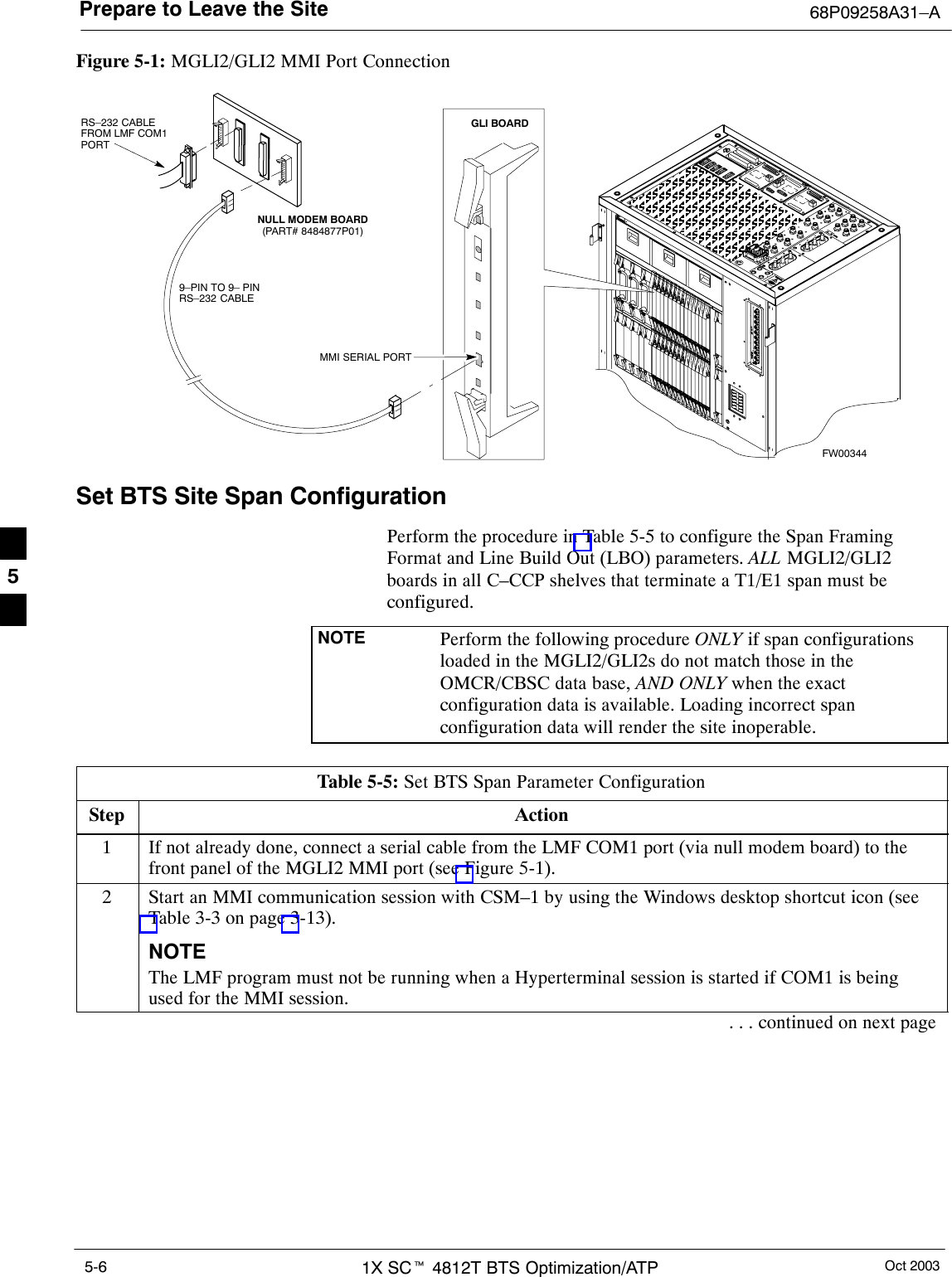 Prepare to Leave the Site 68P09258A31–AOct 20031X SCt 4812T BTS Optimization/ATP5-6Figure 5-1: MGLI2/GLI2 MMI Port ConnectionFW003449–PIN TO 9– PINRS–232 CABLENULL MODEM BOARD(PART# 8484877P01)RS–232 CABLE FROM LMF COM1PORTMMI SERIAL PORTGLI BOARDSet BTS Site Span ConfigurationPerform the procedure in Table 5-5 to configure the Span FramingFormat and Line Build Out (LBO) parameters. ALL MGLI2/GLI2boards in all C–CCP shelves that terminate a T1/E1 span must beconfigured.NOTE Perform the following procedure ONLY if span configurationsloaded in the MGLI2/GLI2s do not match those in theOMCR/CBSC data base, AND ONLY when the exactconfiguration data is available. Loading incorrect spanconfiguration data will render the site inoperable.Table 5-5: Set BTS Span Parameter ConfigurationStep Action1If not already done, connect a serial cable from the LMF COM1 port (via null modem board) to thefront panel of the MGLI2 MMI port (see Figure 5-1).2Start an MMI communication session with CSM–1 by using the Windows desktop shortcut icon (seeTable 3-3 on page 3-13).NOTEThe LMF program must not be running when a Hyperterminal session is started if COM1 is beingused for the MMI session.. . . continued on next page5