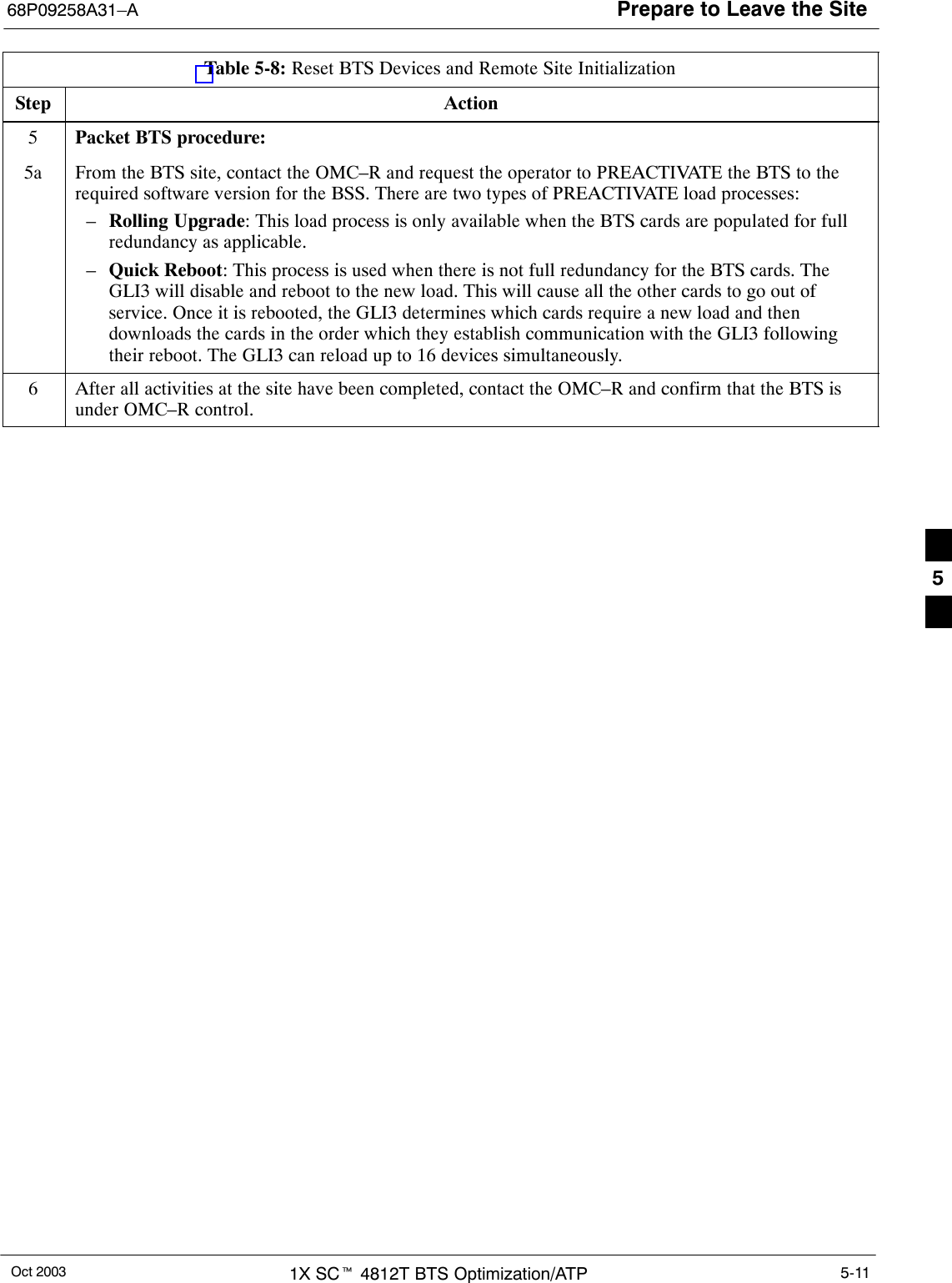 Prepare to Leave the Site68P09258A31–AOct 2003 1X SCt 4812T BTS Optimization/ATP 5-11Table 5-8: Reset BTS Devices and Remote Site InitializationStep Action5Packet BTS procedure:5a From the BTS site, contact the OMC–R and request the operator to PREACTIVATE the BTS to therequired software version for the BSS. There are two types of PREACTIVATE load processes:–Rolling Upgrade: This load process is only available when the BTS cards are populated for fullredundancy as applicable.–Quick Reboot: This process is used when there is not full redundancy for the BTS cards. TheGLI3 will disable and reboot to the new load. This will cause all the other cards to go out ofservice. Once it is rebooted, the GLI3 determines which cards require a new load and thendownloads the cards in the order which they establish communication with the GLI3 followingtheir reboot. The GLI3 can reload up to 16 devices simultaneously.6After all activities at the site have been completed, contact the OMC–R and confirm that the BTS isunder OMC–R control. 5