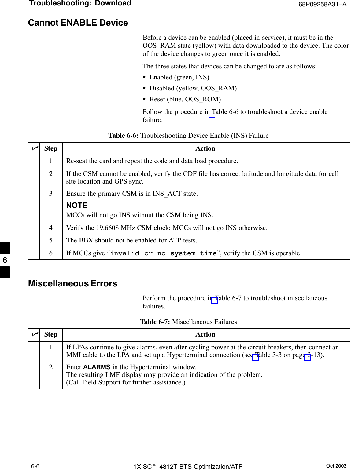 Troubleshooting: Download 68P09258A31–AOct 20031X SCt 4812T BTS Optimization/ATP6-6Cannot ENABLE DeviceBefore a device can be enabled (placed in-service), it must be in theOOS_RAM state (yellow) with data downloaded to the device. The colorof the device changes to green once it is enabled.The three states that devices can be changed to are as follows:SEnabled (green, INS)SDisabled (yellow, OOS_RAM)SReset (blue, OOS_ROM)Follow the procedure in Table 6-6 to troubleshoot a device enablefailure.Table 6-6: Troubleshooting Device Enable (INS) FailurenStep Action1Re-seat the card and repeat the code and data load procedure.2If the CSM cannot be enabled, verify the CDF file has correct latitude and longitude data for cellsite location and GPS sync.3Ensure the primary CSM is in INS_ACT state.NOTEMCCs will not go INS without the CSM being INS.4Verify the 19.6608 MHz CSM clock; MCCs will not go INS otherwise.5The BBX should not be enabled for ATP tests.6If MCCs give “invalid or no system time”, verify the CSM is operable. Miscellaneous ErrorsPerform the procedure in Table 6-7 to troubleshoot miscellaneousfailures.Table 6-7: Miscellaneous FailuresnStep Action1If LPAs continue to give alarms, even after cycling power at the circuit breakers, then connect anMMI cable to the LPA and set up a Hyperterminal connection (see Table 3-3 on page 3-13).2 Enter ALARMS in the Hyperterminal window.The resulting LMF display may provide an indication of the problem.(Call Field Support for further assistance.)6