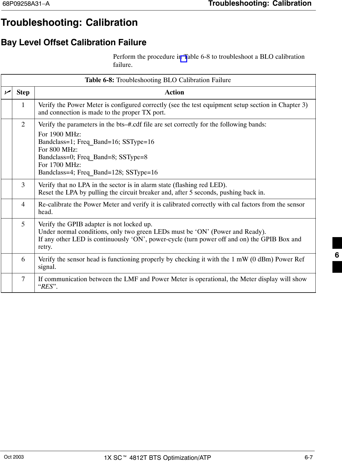 Troubleshooting: Calibration68P09258A31–AOct 2003 1X SCt 4812T BTS Optimization/ATP 6-7Troubleshooting: CalibrationBay Level Offset Calibration FailurePerform the procedure in Table 6-8 to troubleshoot a BLO calibrationfailure.Table 6-8: Troubleshooting BLO Calibration FailurenStep Action1Verify the Power Meter is configured correctly (see the test equipment setup section in Chapter 3)and connection is made to the proper TX port.2Verify the parameters in the bts–#.cdf file are set correctly for the following bands:For 1900 MHz:Bandclass=1; Freq_Band=16; SSType=16For 800 MHz:Bandclass=0; Freq_Band=8; SSType=8For 1700 MHz:Bandclass=4; Freq_Band=128; SSType=163Verify that no LPA in the sector is in alarm state (flashing red LED).Reset the LPA by pulling the circuit breaker and, after 5 seconds, pushing back in.4Re-calibrate the Power Meter and verify it is calibrated correctly with cal factors from the sensorhead.5Verify the GPIB adapter is not locked up.Under normal conditions, only two green LEDs must be ‘ON’ (Power and Ready).If any other LED is continuously ‘ON’, power-cycle (turn power off and on) the GPIB Box andretry.6Verify the sensor head is functioning properly by checking it with the 1 mW (0 dBm) Power Refsignal.7If communication between the LMF and Power Meter is operational, the Meter display will show“RES”. 6