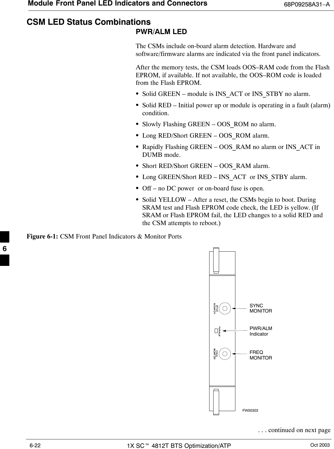 Module Front Panel LED Indicators and Connectors 68P09258A31–AOct 20031X SCt 4812T BTS Optimization/ATP6-22CSM LED Status CombinationsPWR/ALM LEDThe CSMs include on-board alarm detection. Hardware andsoftware/firmware alarms are indicated via the front panel indicators.After the memory tests, the CSM loads OOS–RAM code from the FlashEPROM, if available. If not available, the OOS–ROM code is loadedfrom the Flash EPROM.SSolid GREEN – module is INS_ACT or INS_STBY no alarm.SSolid RED – Initial power up or module is operating in a fault (alarm)condition.SSlowly Flashing GREEN – OOS_ROM no alarm.SLong RED/Short GREEN – OOS_ROM alarm.SRapidly Flashing GREEN – OOS_RAM no alarm or INS_ACT inDUMB mode.SShort RED/Short GREEN – OOS_RAM alarm.SLong GREEN/Short RED – INS_ACT  or INS_STBY alarm.SOff – no DC power  or on-board fuse is open.SSolid YELLOW – After a reset, the CSMs begin to boot. DuringSRAM test and Flash EPROM code check, the LED is yellow. (IfSRAM or Flash EPROM fail, the LED changes to a solid RED andthe CSM attempts to reboot.)Figure 6-1: CSM Front Panel Indicators &amp; Monitor PortsPWR/ALMIndicatorFREQMONITORSYNCMONITORFW00303 . . . continued on next page6