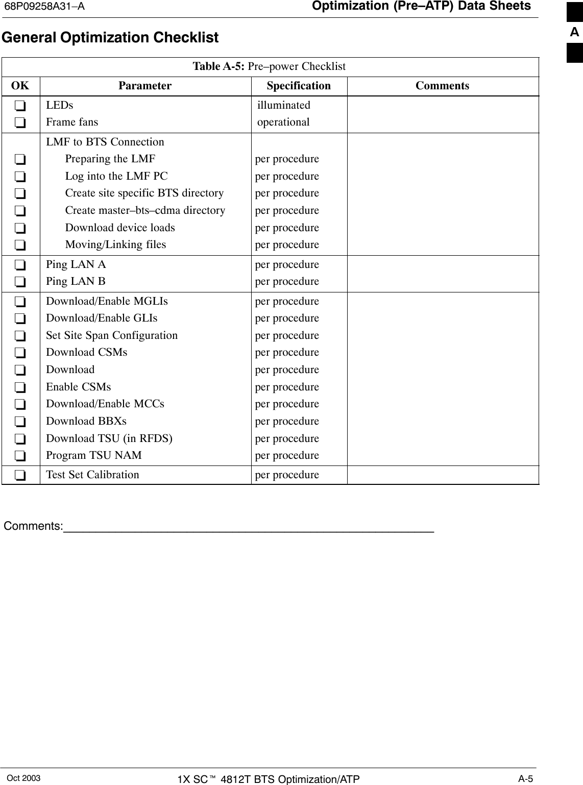 Optimization (Pre–ATP) Data Sheets68P09258A31–AOct 2003 1X SCt 4812T BTS Optimization/ATP A-5General Optimization ChecklistTable A-5: Pre–power ChecklistOK Parameter Specification Comments−−LEDsFrame fansilluminatedoperational−−−−−−LMF to BTS ConnectionPreparing the LMFLog into the LMF PCCreate site specific BTS directoryCreate master–bts–cdma directoryDownload device loadsMoving/Linking filesper procedureper procedureper procedureper procedureper procedureper procedure−−Ping LAN APing LAN Bper procedureper procedure−−−−−−−−−−Download/Enable MGLIsDownload/Enable GLIsSet Site Span ConfigurationDownload CSMsDownloadEnable CSMsDownload/Enable MCCsDownload BBXsDownload TSU (in RFDS)Program TSU NAMper procedureper procedureper procedureper procedureper procedureper procedureper procedureper procedureper procedureper procedure−Test Set Calibration per procedureComments:_________________________________________________________A