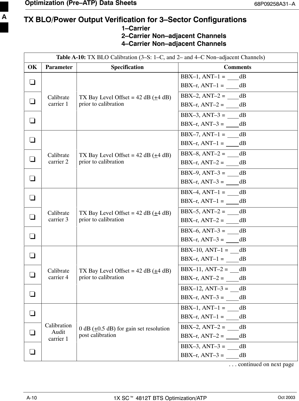 Optimization (Pre–ATP) Data Sheets 68P09258A31–AOct 20031X SCt 4812T BTS Optimization/ATPA-10TX BLO/Power Output Verification for 3–Sector Configurations1–Carrier2–Carrier Non–adjacent Channels4–Carrier Non–adjacent ChannelsTable A-10: TX BLO Calibration (3–S: 1–C, and 2– and 4–C Non–adjacent Channels)OK Parameter Specification Comments−BBX–1, ANT–1 =  dBBBX–r, ANT–1 =  dB−Calibratecarrier 1TX Bay Level Offset = 42 dB (+4 dB)prior to calibrationBBX–2, ANT–2 =  dBBBX–r, ANT–2 =  dB−BBX–3, ANT–3 =  dBBBX–r, ANT–3 =  dB−BBX–7, ANT–1 =  dBBBX–r, ANT–1 =  dB−Calibratecarrier 2TX Bay Level Offset = 42 dB (+4 dB)prior to calibrationBBX–8, ANT–2 =  dBBBX–r, ANT–2 =  dB−BBX–9, ANT–3 =  dBBBX–r, ANT–3 =  dB−BBX–4, ANT–1 =  dBBBX–r, ANT–1 =  dB−Calibratecarrier 3TX Bay Level Offset = 42 dB (+4 dB)prior to calibrationBBX–5, ANT–2 =  dBBBX–r, ANT–2 =  dB−BBX–6, ANT–3 =  dBBBX–r, ANT–3 =  dB−BBX–10, ANT–1 =  dBBBX–r, ANT–1 =  dB−Calibratecarrier 4TX Bay Level Offset = 42 dB (+4 dB)prior to calibrationBBX–11, ANT–2 =  dBBBX–r, ANT–2 =  dB−BBX–12, ANT–3 =  dBBBX–r, ANT–3 =  dB−BBX–1, ANT–1 =  dBBBX–r, ANT–1 =  dB−CalibrationAuditcarrier 10 dB (+0.5 dB) for gain set resolutionpost calibrationBBX–2, ANT–2 =  dBBBX–r, ANT–2 =  dB−carrier 1BBX–3, ANT–3 =  dBBBX–r, ANT–3 =  dB. . . continued on next pageA