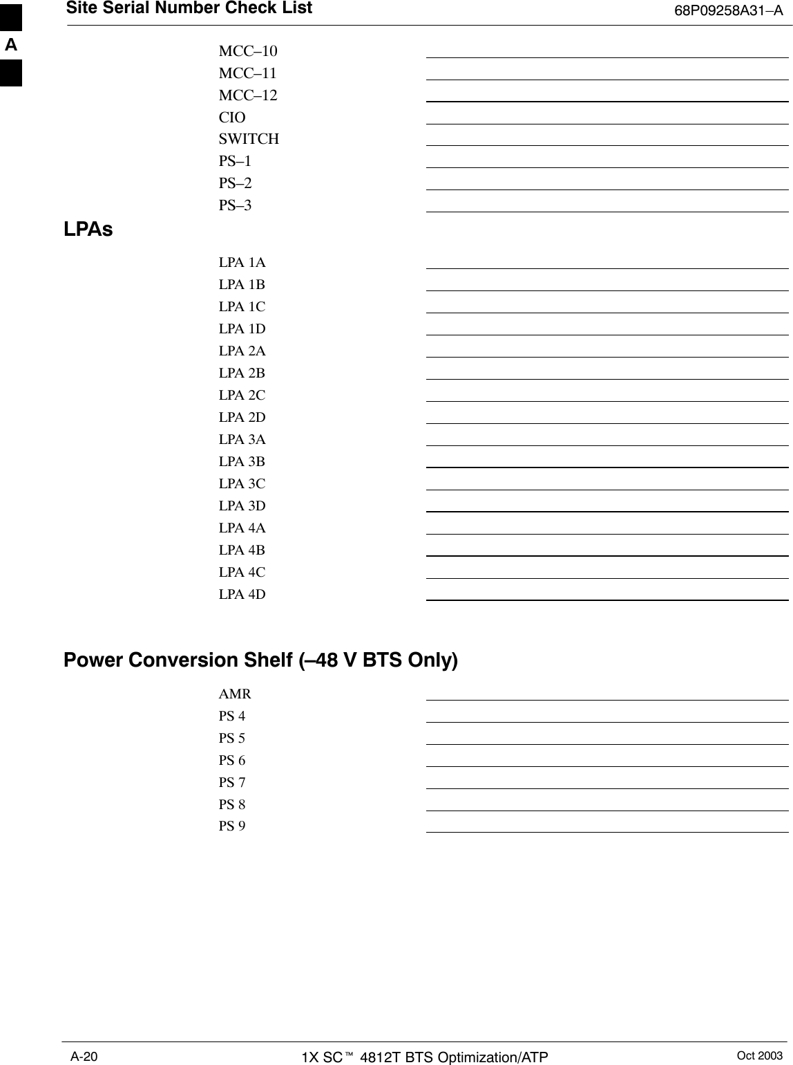 Site Serial Number Check List 68P09258A31–AOct 20031X SCt 4812T BTS Optimization/ATPA-20MCC–10MCC–11MCC–12CIOSWITCHPS–1PS–2PS–3LPAsLPA 1ALPA 1BLPA 1CLPA 1DLPA 2ALPA 2BLPA 2CLPA 2DLPA 3ALPA 3BLPA 3CLPA 3DLPA 4ALPA 4BLPA 4CLPA 4DPower Conversion Shelf (–48 V BTS Only)AMRPS 4PS 5PS 6PS 7PS 8PS 9A