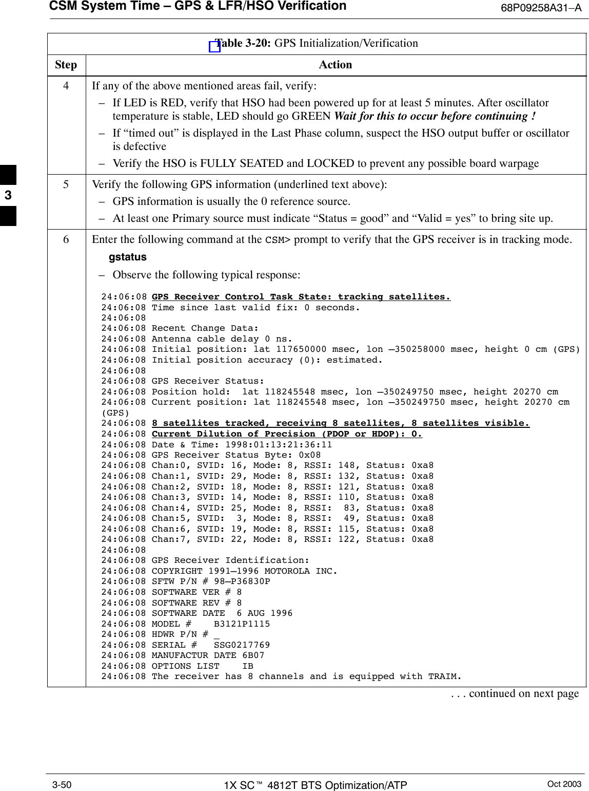 CSM System Time – GPS &amp; LFR/HSO Verification 68P09258A31–AOct 20031X SCt 4812T BTS Optimization/ATP3-50Table 3-20: GPS Initialization/VerificationStep Action4If any of the above mentioned areas fail, verify:– If LED is RED, verify that HSO had been powered up for at least 5 minutes. After oscillatortemperature is stable, LED should go GREEN Wait for this to occur before continuing !– If “timed out” is displayed in the Last Phase column, suspect the HSO output buffer or oscillatoris defective– Verify the HSO is FULLY SEATED and LOCKED to prevent any possible board warpage5Verify the following GPS information (underlined text above):– GPS information is usually the 0 reference source.– At least one Primary source must indicate “Status = good” and “Valid = yes” to bring site up.6Enter the following command at the CSM&gt; prompt to verify that the GPS receiver is in tracking mode.gstatus– Observe the following typical response:24:06:08 GPS Receiver Control Task State: tracking satellites.24:06:08 Time since last valid fix: 0 seconds.24:06:08 24:06:08 Recent Change Data:24:06:08 Antenna cable delay 0 ns.24:06:08 Initial position: lat 117650000 msec, lon –350258000 msec, height 0 cm (GPS)24:06:08 Initial position accuracy (0): estimated.24:06:08 24:06:08 GPS Receiver Status:24:06:08 Position hold:  lat 118245548 msec, lon –350249750 msec, height 20270 cm24:06:08 Current position: lat 118245548 msec, lon –350249750 msec, height 20270 cm(GPS)24:06:08 8 satellites tracked, receiving 8 satellites, 8 satellites visible.24:06:08 Current Dilution of Precision (PDOP or HDOP): 0.24:06:08 Date &amp; Time: 1998:01:13:21:36:1124:06:08 GPS Receiver Status Byte: 0x0824:06:08 Chan:0, SVID: 16, Mode: 8, RSSI: 148, Status: 0xa824:06:08 Chan:1, SVID: 29, Mode: 8, RSSI: 132, Status: 0xa824:06:08 Chan:2, SVID: 18, Mode: 8, RSSI: 121, Status: 0xa824:06:08 Chan:3, SVID: 14, Mode: 8, RSSI: 110, Status: 0xa824:06:08 Chan:4, SVID: 25, Mode: 8, RSSI:  83, Status: 0xa824:06:08 Chan:5, SVID:  3, Mode: 8, RSSI:  49, Status: 0xa824:06:08 Chan:6, SVID: 19, Mode: 8, RSSI: 115, Status: 0xa824:06:08 Chan:7, SVID: 22, Mode: 8, RSSI: 122, Status: 0xa824:06:08 24:06:08 GPS Receiver Identification:24:06:08 COPYRIGHT 1991–1996 MOTOROLA INC. 24:06:08 SFTW P/N # 98–P36830P      24:06:08 SOFTWARE VER # 8           24:06:08 SOFTWARE REV # 8           24:06:08 SOFTWARE DATE  6 AUG 1996 24:06:08 MODEL #    B3121P1115      24:06:08 HDWR P/N # _               24:06:08 SERIAL #   SSG0217769      24:06:08 MANUFACTUR DATE 6B07       24:06:08 OPTIONS LIST    IB        24:06:08 The receiver has 8 channels and is equipped with TRAIM.. . . continued on next page3