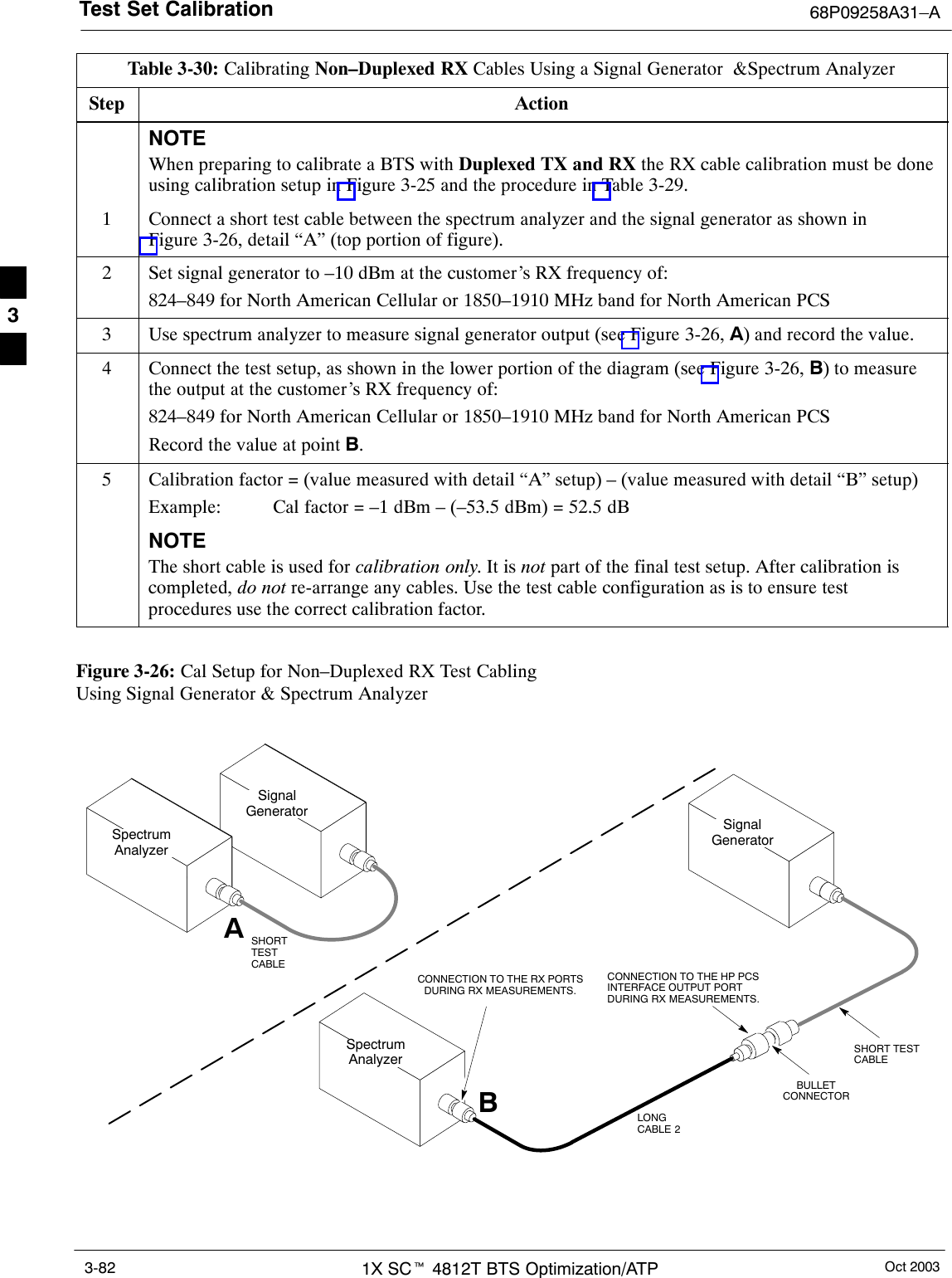 Test Set Calibration 68P09258A31–AOct 20031X SCt 4812T BTS Optimization/ATP3-82Table 3-30: Calibrating Non–Duplexed RX Cables Using a Signal Generator  &amp;Spectrum AnalyzerStep ActionNOTEWhen preparing to calibrate a BTS with Duplexed TX and RX the RX cable calibration must be doneusing calibration setup in Figure 3-25 and the procedure in Table 3-29.1Connect a short test cable between the spectrum analyzer and the signal generator as shown inFigure 3-26, detail “A” (top portion of figure).2Set signal generator to –10 dBm at the customer’s RX frequency of:824–849 for North American Cellular or 1850–1910 MHz band for North American PCS3Use spectrum analyzer to measure signal generator output (see Figure 3-26, A) and record the value.4Connect the test setup, as shown in the lower portion of the diagram (see Figure 3-26, B) to measurethe output at the customer’s RX frequency of:824–849 for North American Cellular or 1850–1910 MHz band for North American PCSRecord the value at point B.5Calibration factor = (value measured with detail “A” setup) – (value measured with detail “B” setup)Example:  Cal factor = –1 dBm – (–53.5 dBm) = 52.5 dBNOTEThe short cable is used for calibration only. It is not part of the final test setup. After calibration iscompleted, do not re-arrange any cables. Use the test cable configuration as is to ensure testprocedures use the correct calibration factor. Figure 3-26: Cal Setup for Non–Duplexed RX Test Cabling Using Signal Generator &amp; Spectrum AnalyzerSpectrumAnalyzerSignalGeneratorABSpectrumAnalyzerSHORTTESTCABLESHORT TESTCABLECONNECTION TO THE HP PCSINTERFACE OUTPUT PORTDURING RX MEASUREMENTS.SignalGeneratorBULLETCONNECTORLONGCABLE 2CONNECTION TO THE RX PORTSDURING RX MEASUREMENTS.3