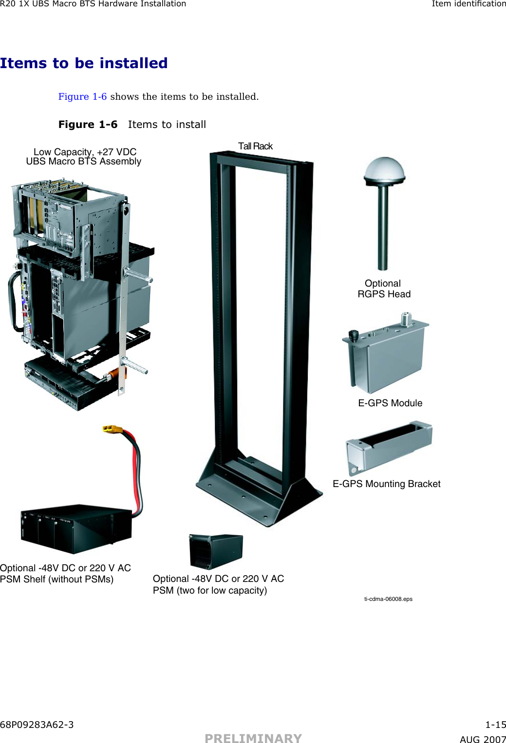 R20 1X UBS Macro B T S Hardw are Installation Item identicationItems to be installedFigure 1 -6 shows the items to be installed.Figure 1 -6 Items to installti-cdma-06008.epsLow Capacity, +27 VDCUBS Macro BTS AssemblyTall RackOptional -48V DC or 220 V AC PSM Shelf (without PSMs) Optional -48V DC or 220 V AC PSM (two for low capacity)E-GPS Mounting BracketE-GPS ModuleOptionalRGPS Head68P09283A62 -3 1 -15PRELIMINARY A UG 2007