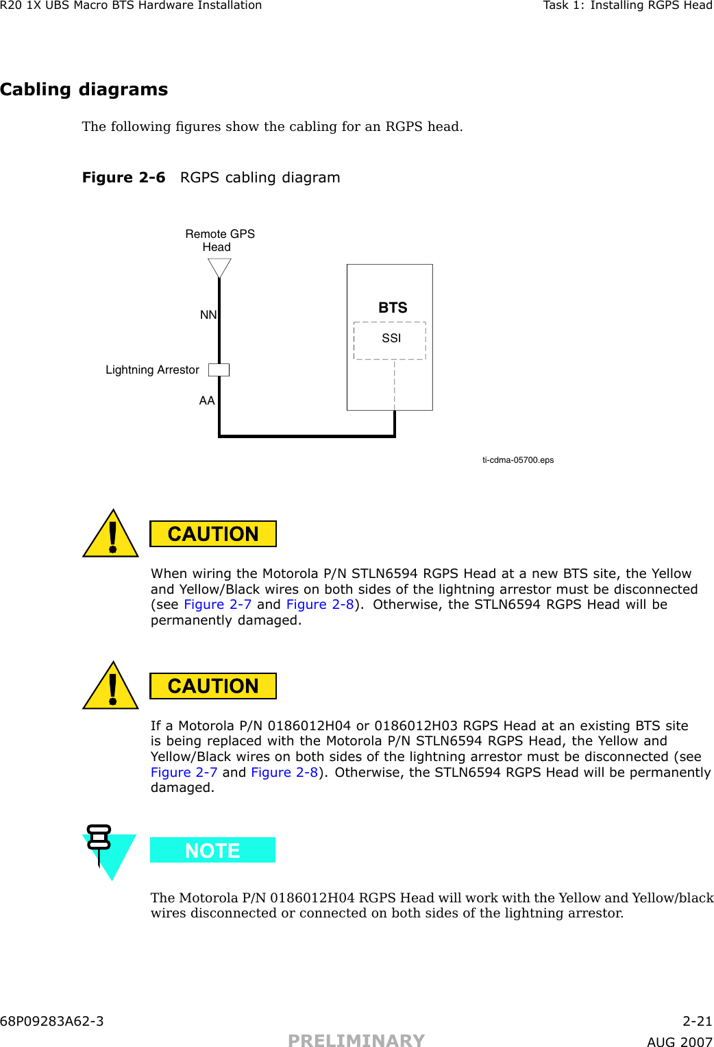 R20 1X UBS Macro B T S Hardw are Installation T ask 1: Installing RGPS HeadCabling diagramsThe following ﬁgures show the cabling for an RGPS head.Figure 2 -6 RGPS cabling diagr amti-cdma-05700.epsNNAARemote GPS HeadLightning ArrestorBTSSSIWhen wiring the Motorola P/N STLN6594 RGPS Head at a new B T S site, the Y ellowand Y ellow/Black wires on both sides of the lightning arrestor must be disconnected(see Figure 2 -7 and Figure 2 -8 ). Otherwise, the STLN6594 RGPS Head will bepermanently damaged.If a Motorola P/N 0186012H04 or 0186012H03 RGPS Head at an existing B T S siteis being replaced with the Motorola P/N STLN6594 RGPS Head, the Y ellow andY ellow/Black wires on both sides of the lightning arrestor must be disconnected (seeFigure 2 -7 and Figure 2 -8 ). Otherwise, the STLN6594 RGPS Head will be permanentlydamaged.The Motorola P/N 0186012H04 RGPS Head will work with the Y ellow and Y ellow/blackwires disconnected or connected on both sides of the lightning arrestor .68P09283A62 -3 2 -21PRELIMINARY A UG 2007